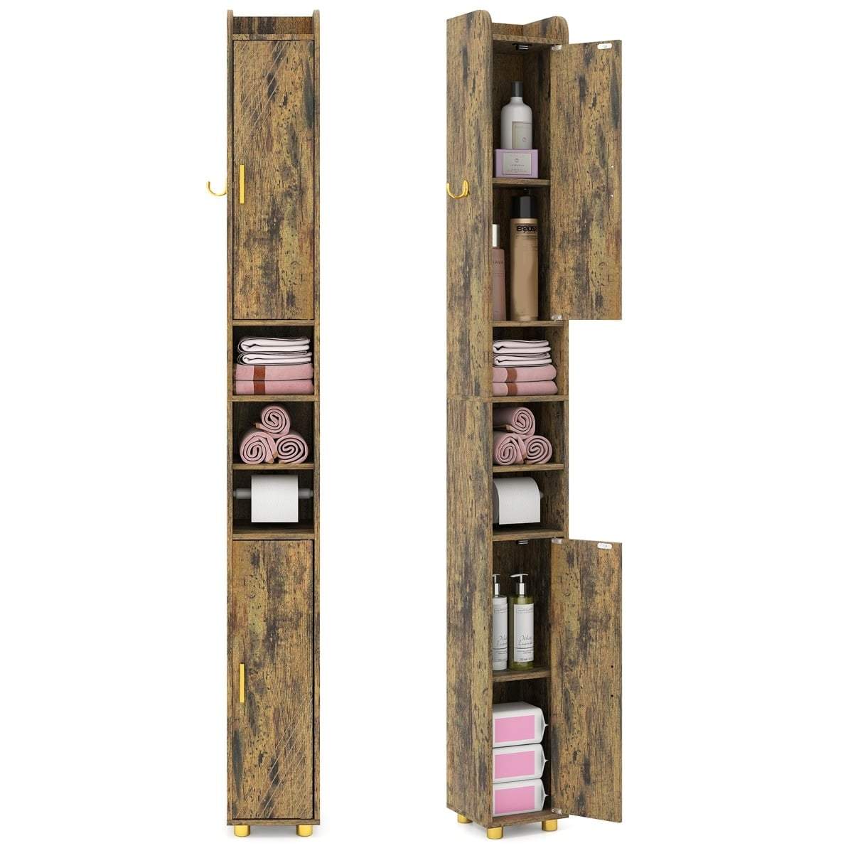 Højt badeværelsesskab med toiletpapirholder og kroge