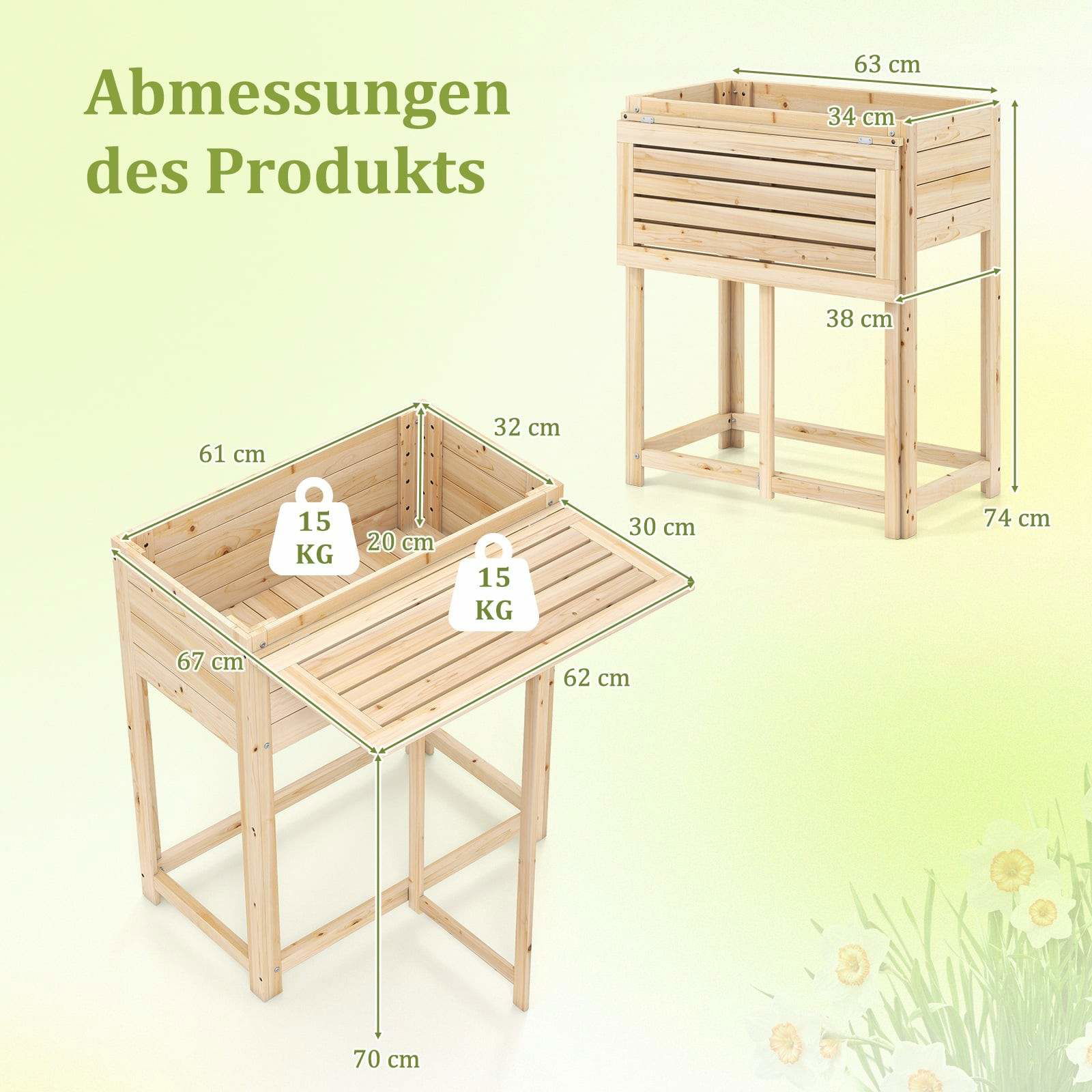 Hævet træbed med klapbord – 63 x 67 x 74 cm