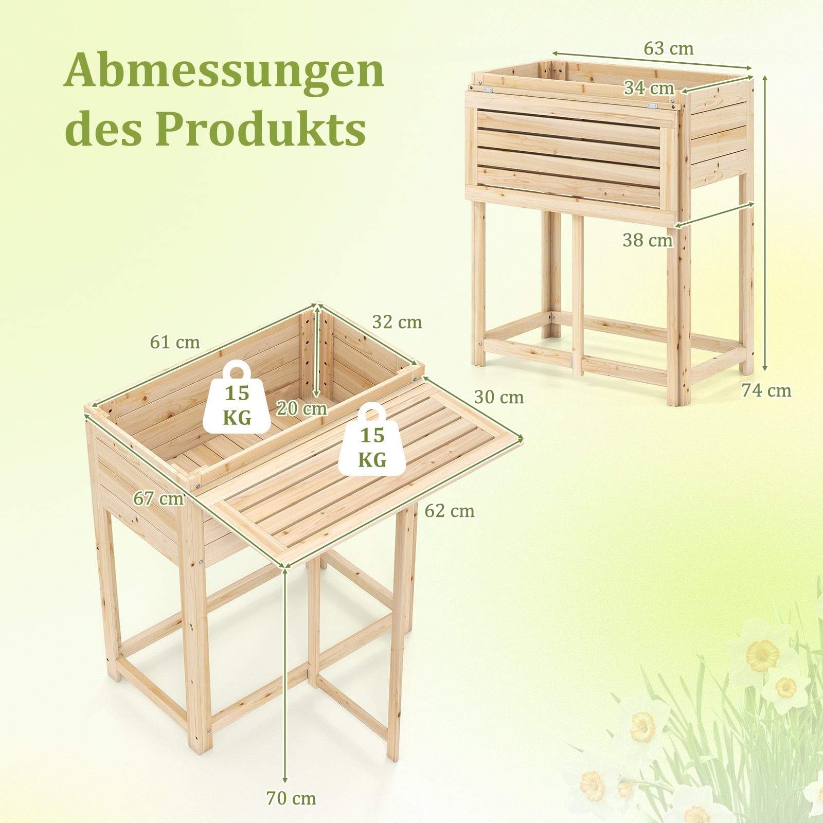 Upphöjd trädgårdsbädd i trä med hopfällbart bord – 63 x 67 x 74 cm | Hem & Hobby | Pryloteket