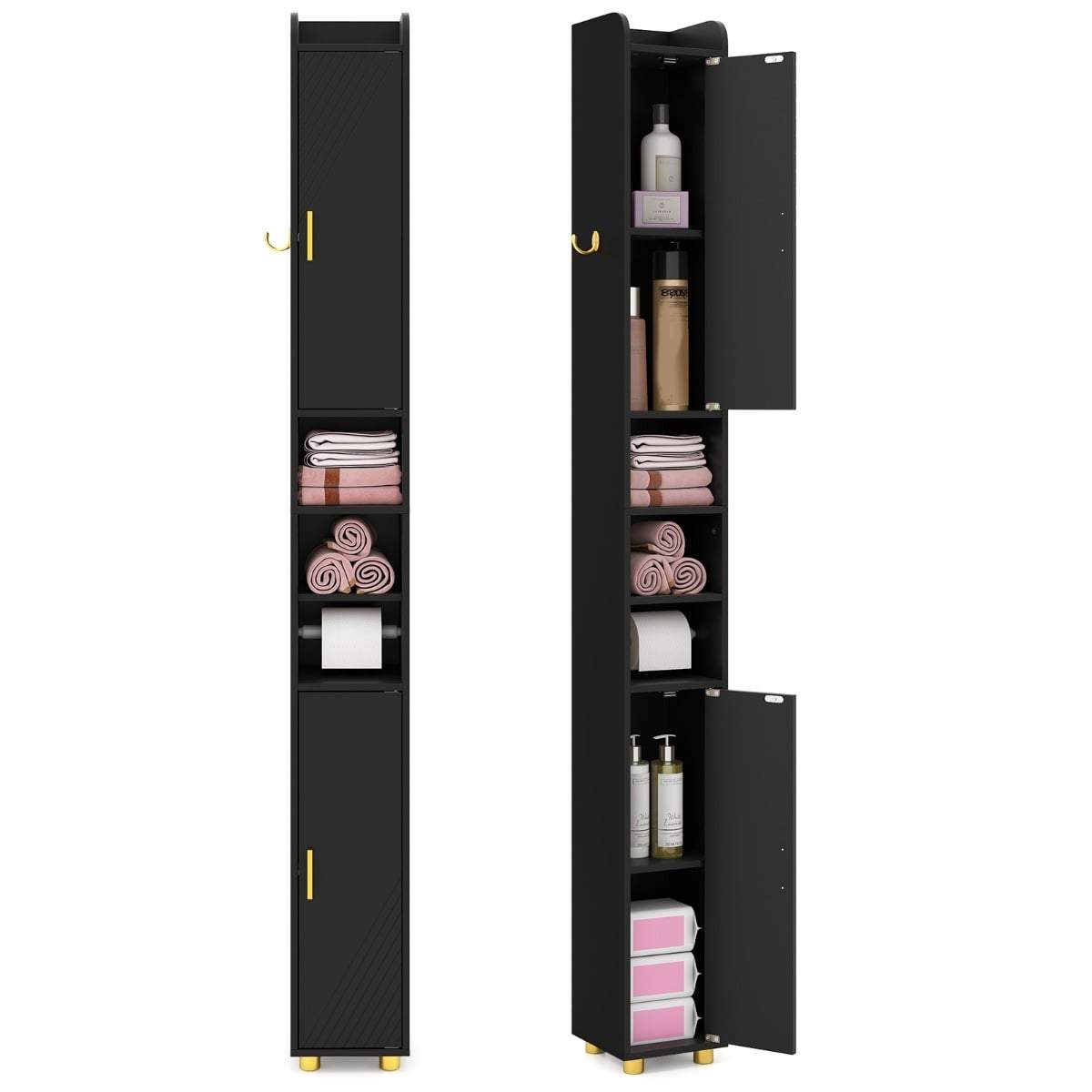 Højt sort badeværelsesskab – justerbare hylder, pladsbesparende