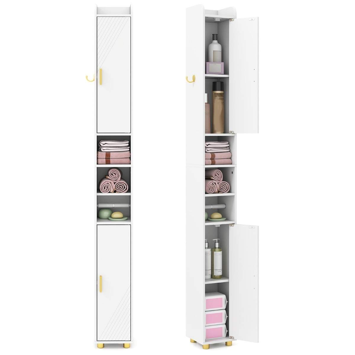 Højt badeværelsesskab med toiletpapirholder og kroge