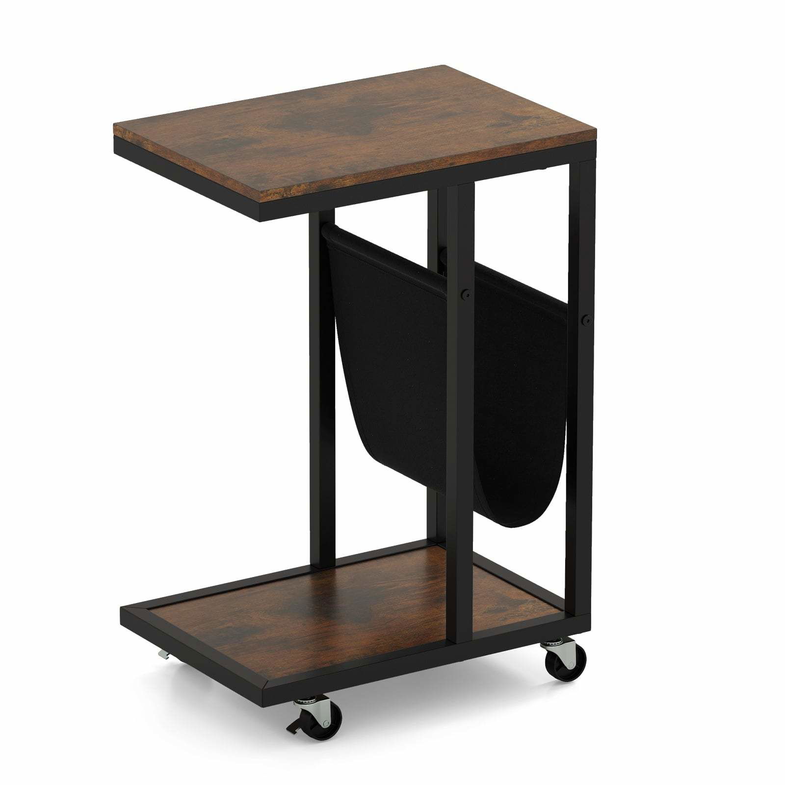 C-formet sidebord med hjul – kompakt, metalstel, opbevaring