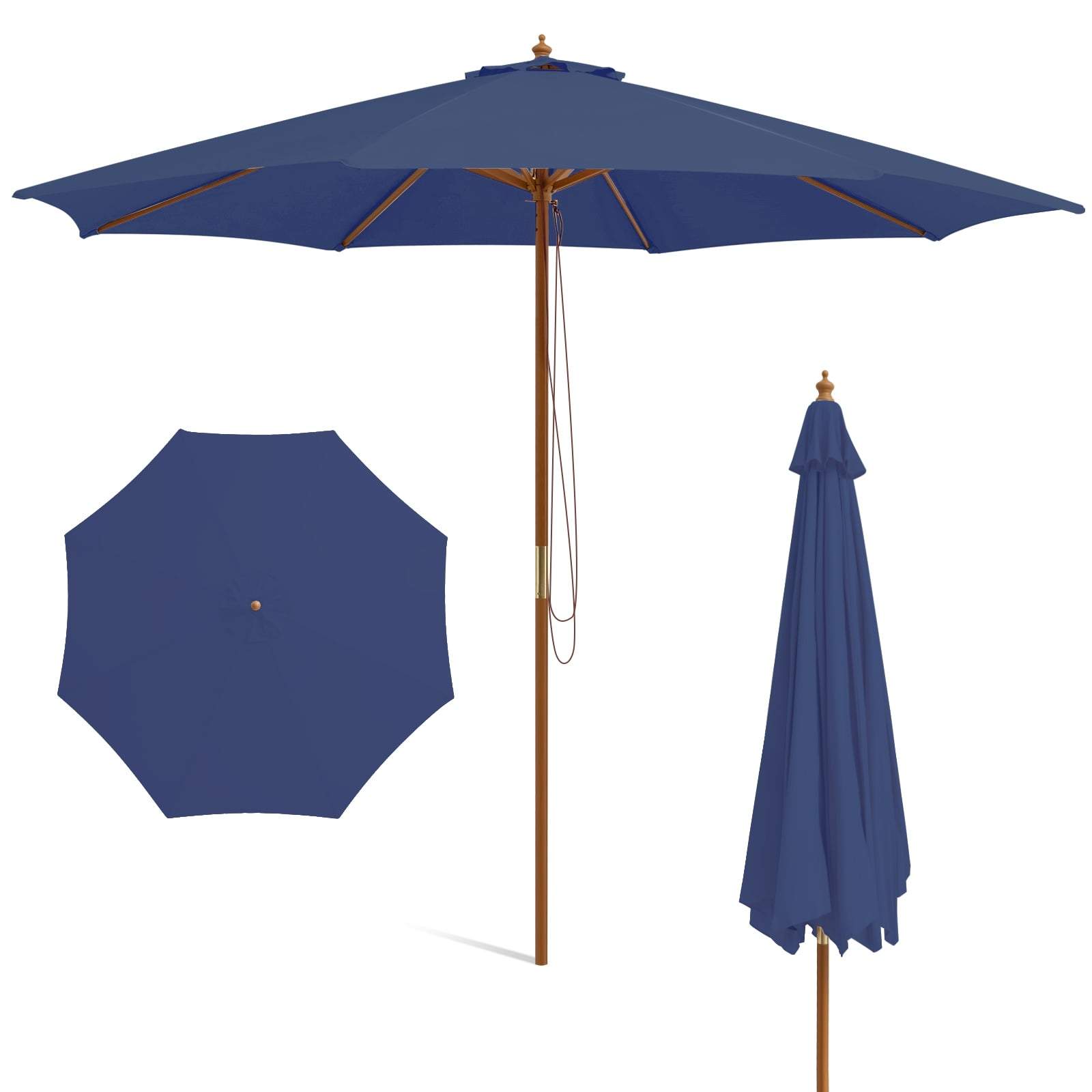 Træparasol, 300 cm, blå – ventileret, justerbar