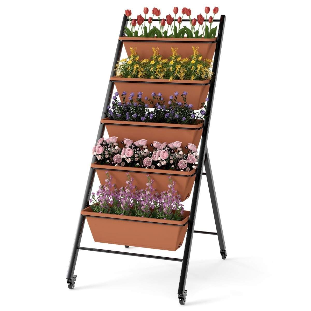 5-etagers vertikal plantekasse med justerbare kasser og hjul