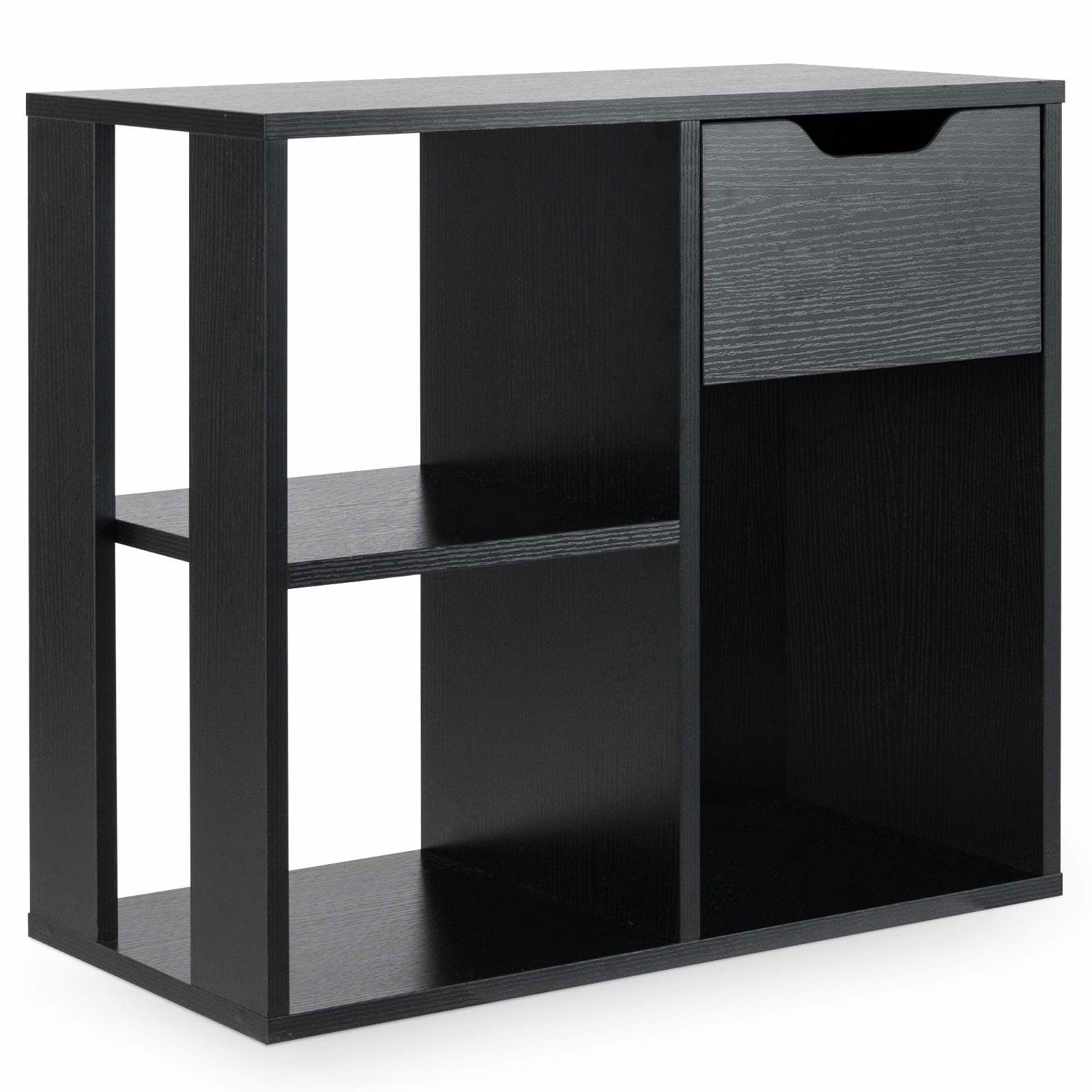 Sort træreol med skuffe og 3 hylder – 95 kg kapacitet