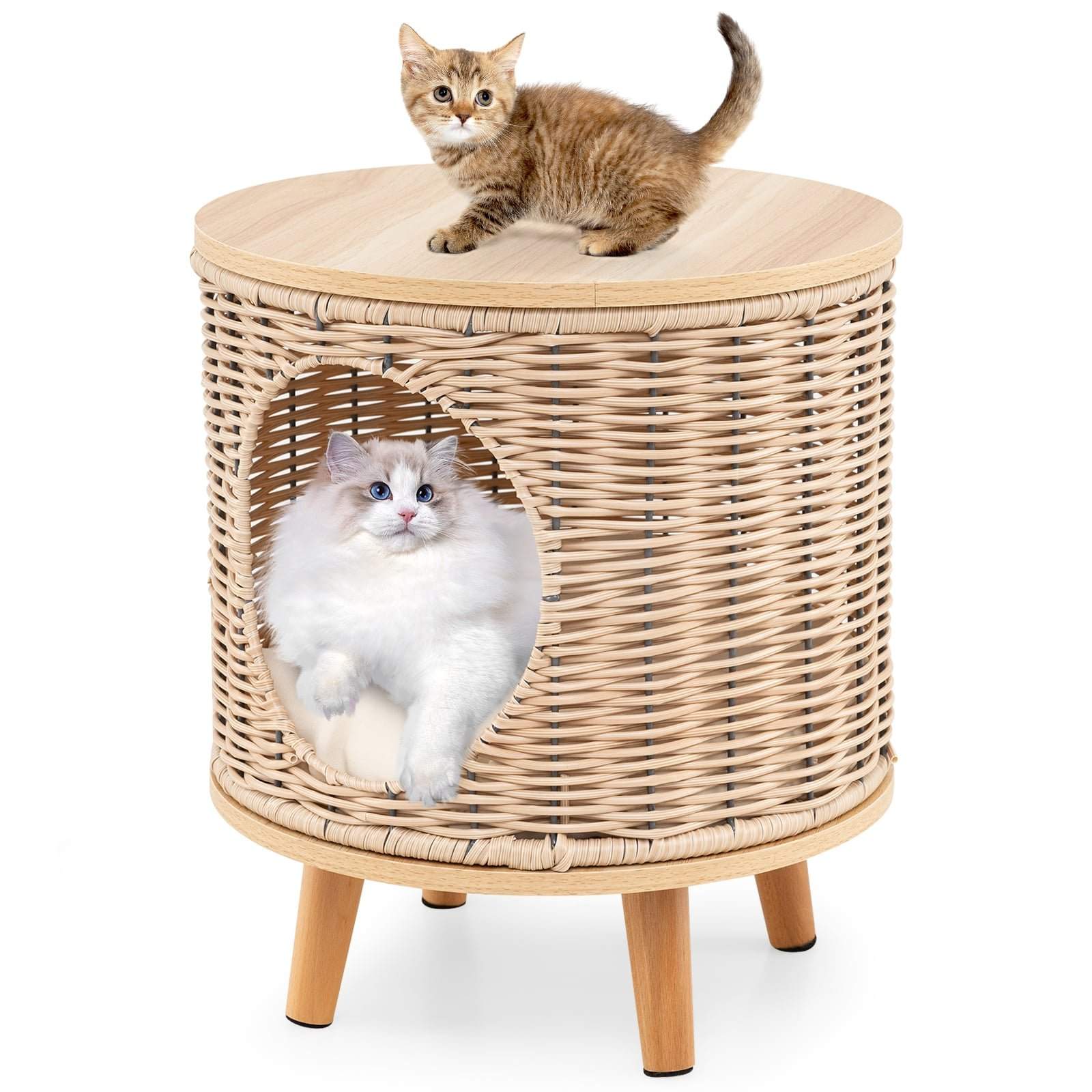 Rattan kattehus med hynde og træben – 36x41 cm