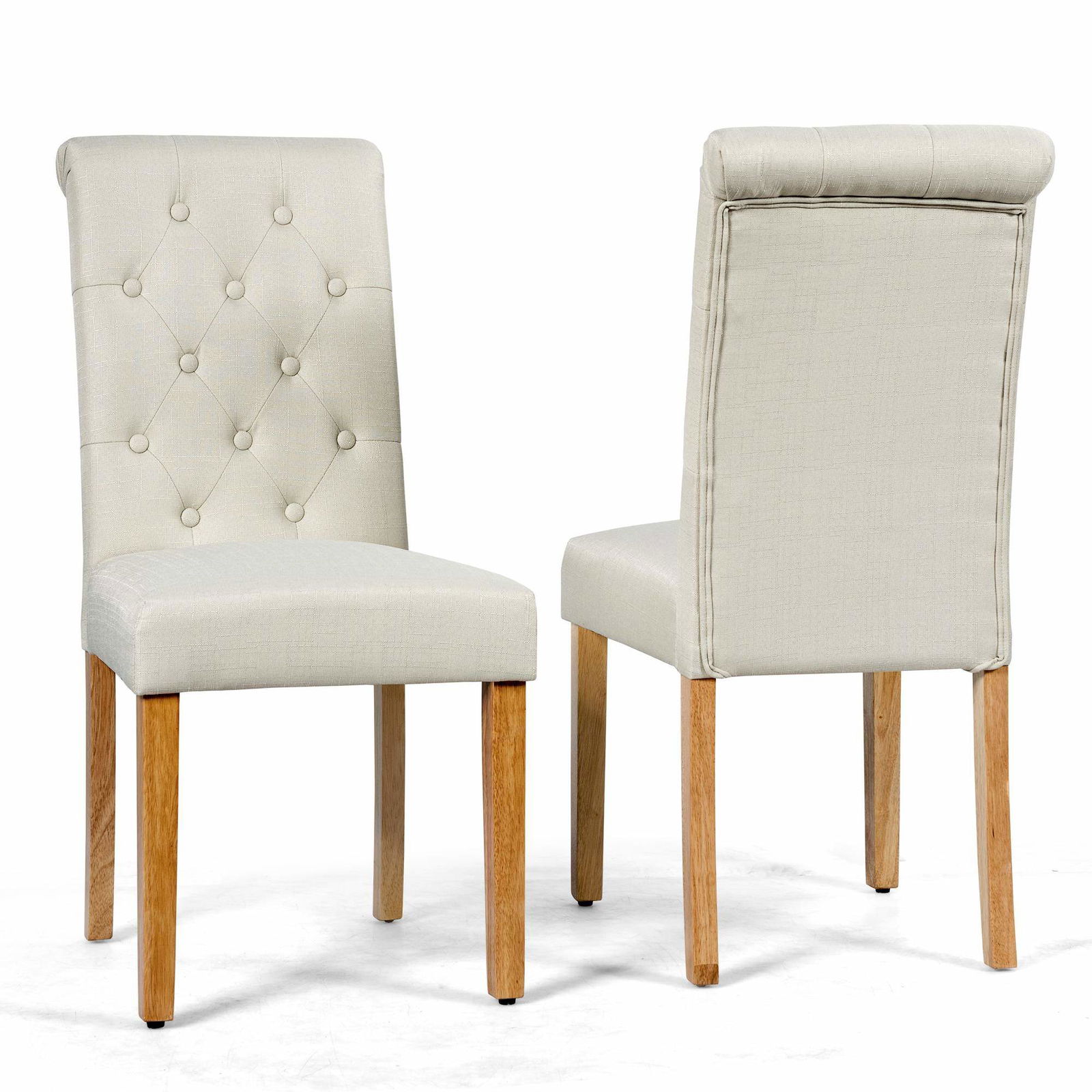 Beige tuftede spisestole, sæt med 2 – buet ryg, hørbetræk