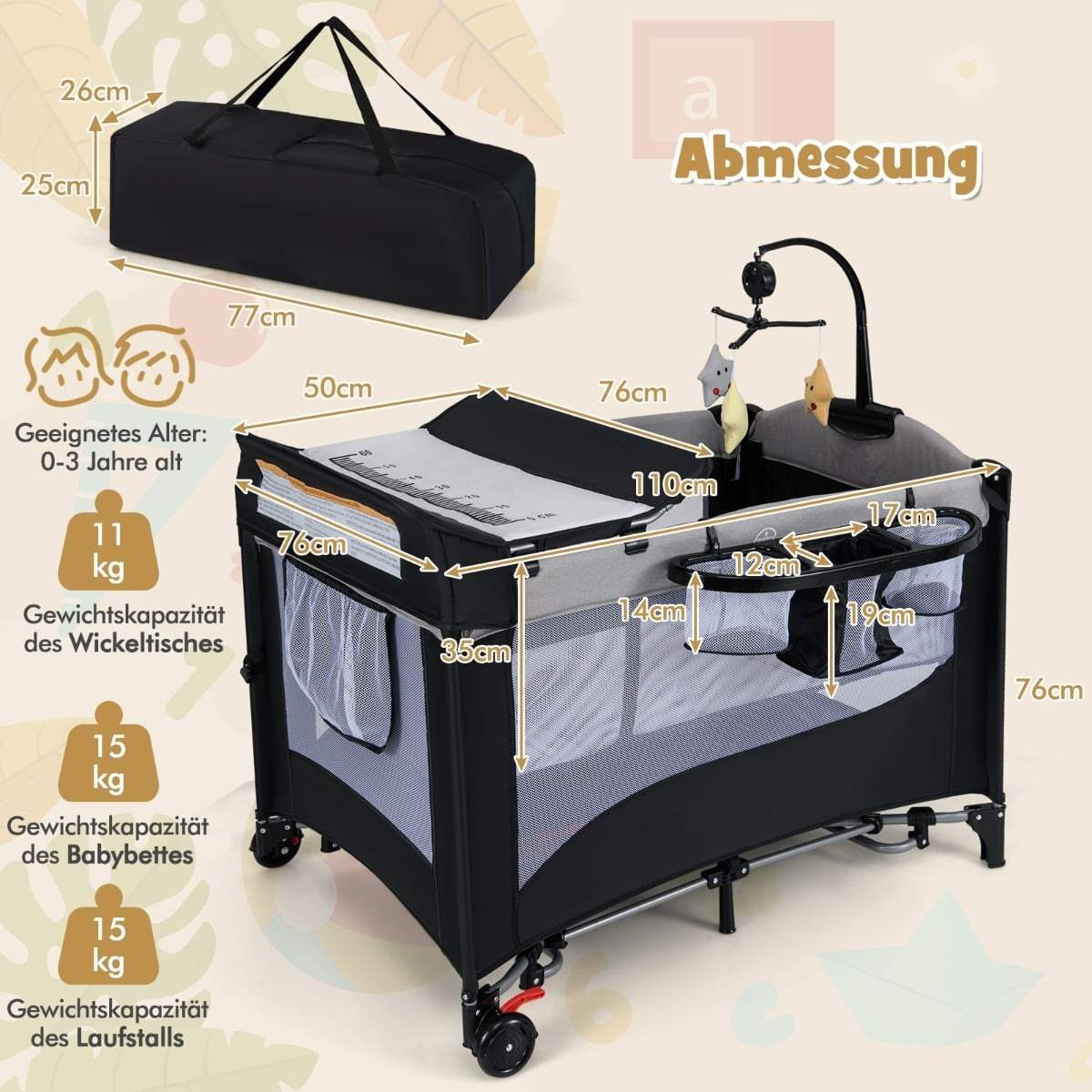 5-i-1 babyseng med madras, puslebord og legetøjsstang