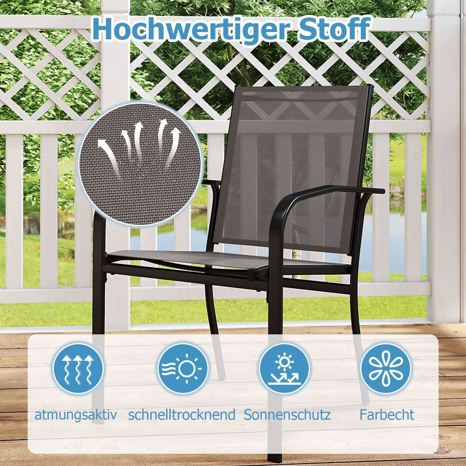 Stabelbare udendørs spisestole – åndbart stof, sæt med 2