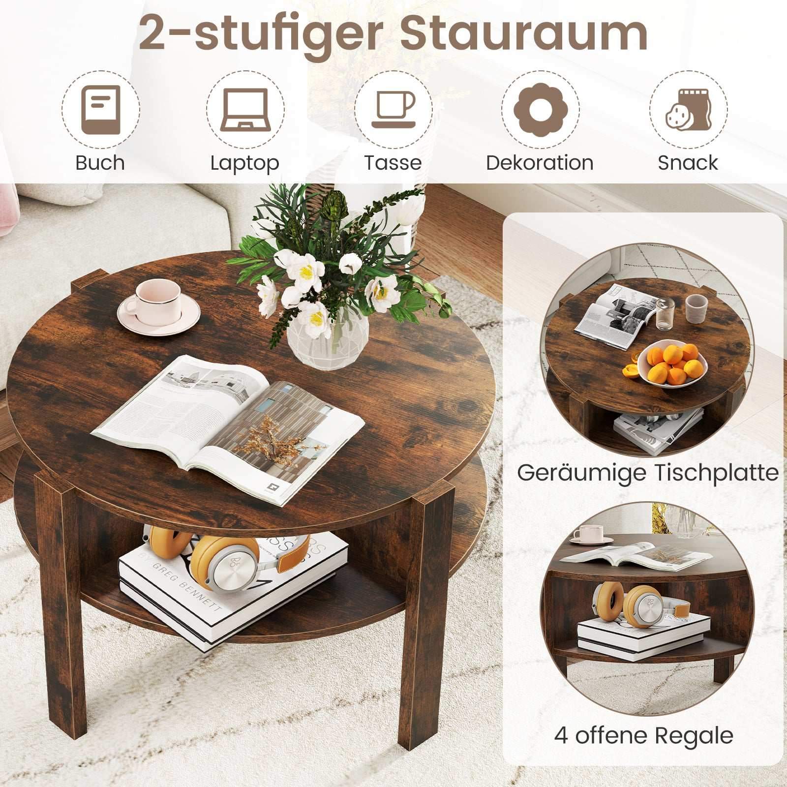 Runt soffbord med förvaring – trä, 4 hyllor, brunt | Hem & Hobby | Pryloteket