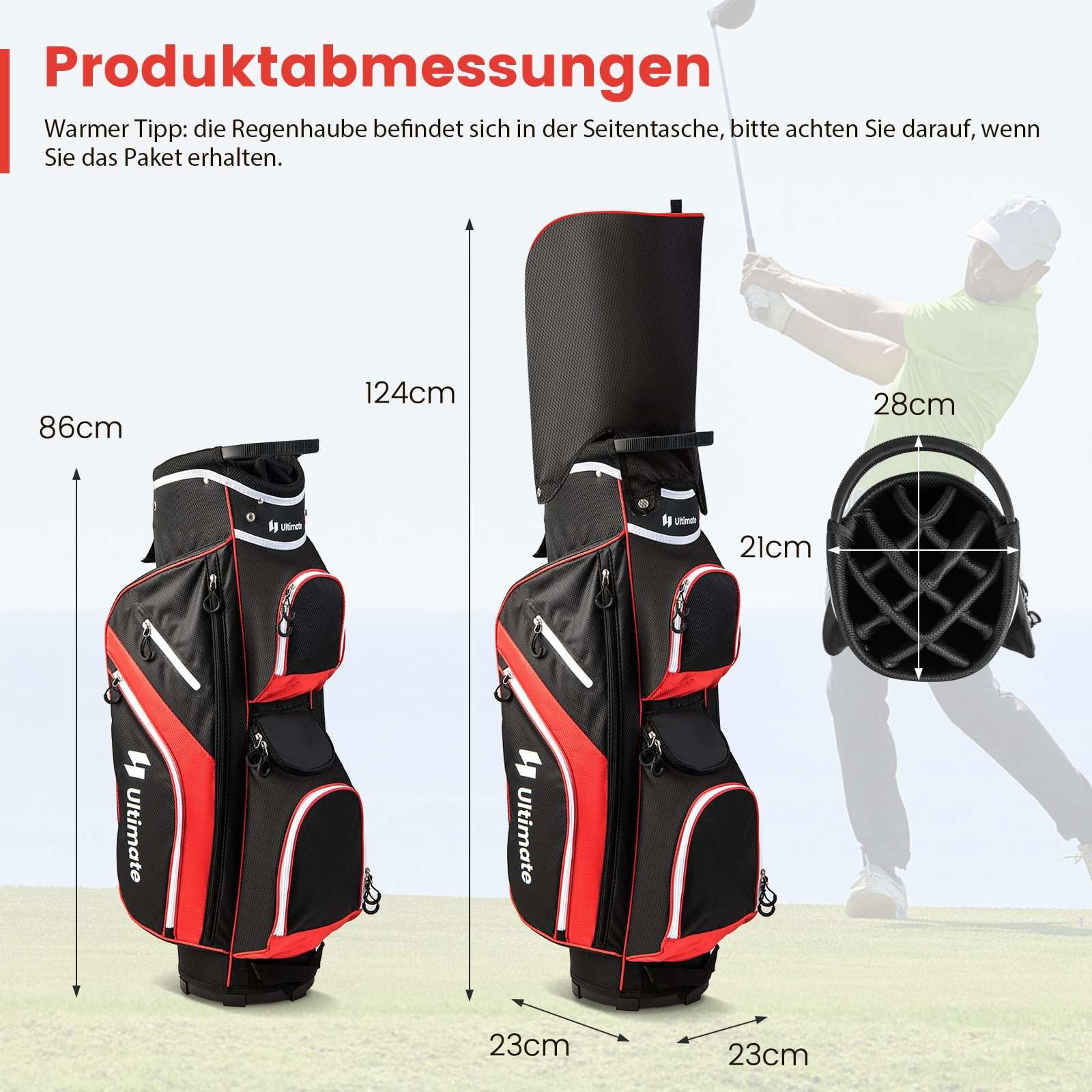 Golf Trolley Bag – 14 rumdelere, 9 lommer, rød
