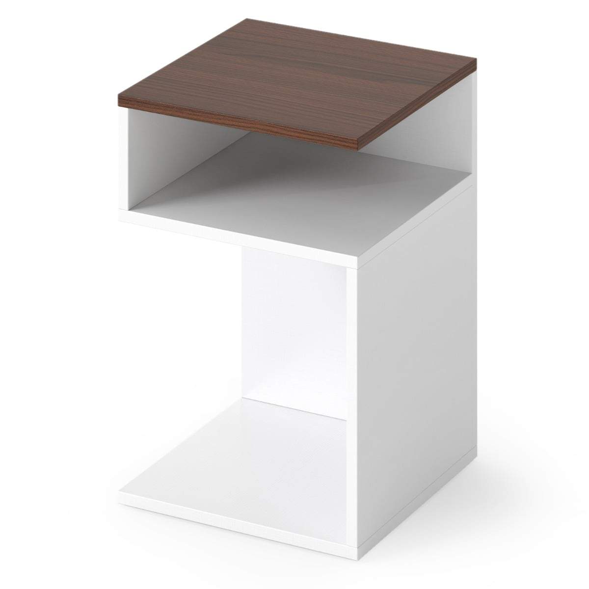 S-format sidobord med 2 öppna hyllor – Vitt och valnöt | Hem & Hobby | Pryloteket