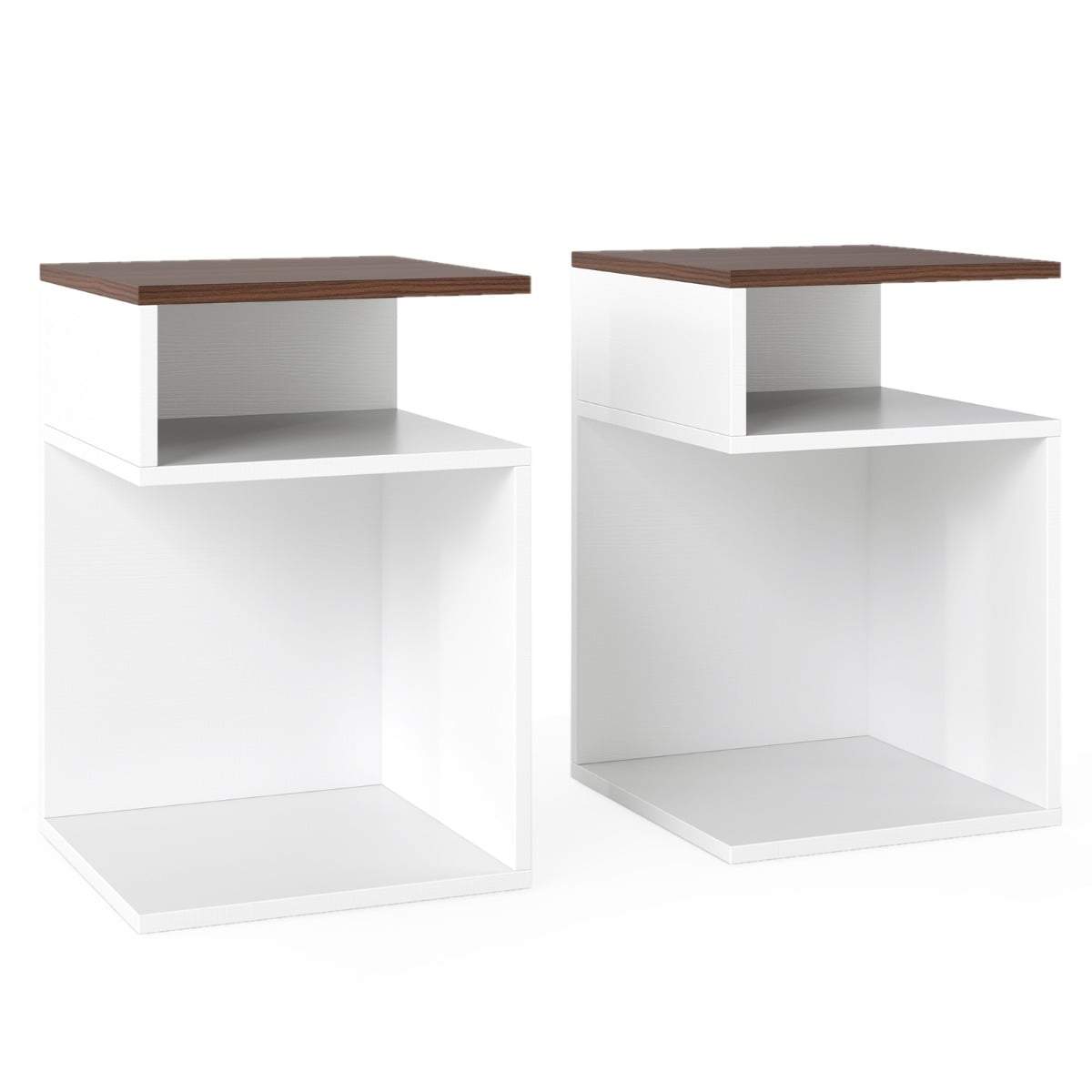 S-formet sidebordsæt – 2 åbne hylder, hvid og valnød