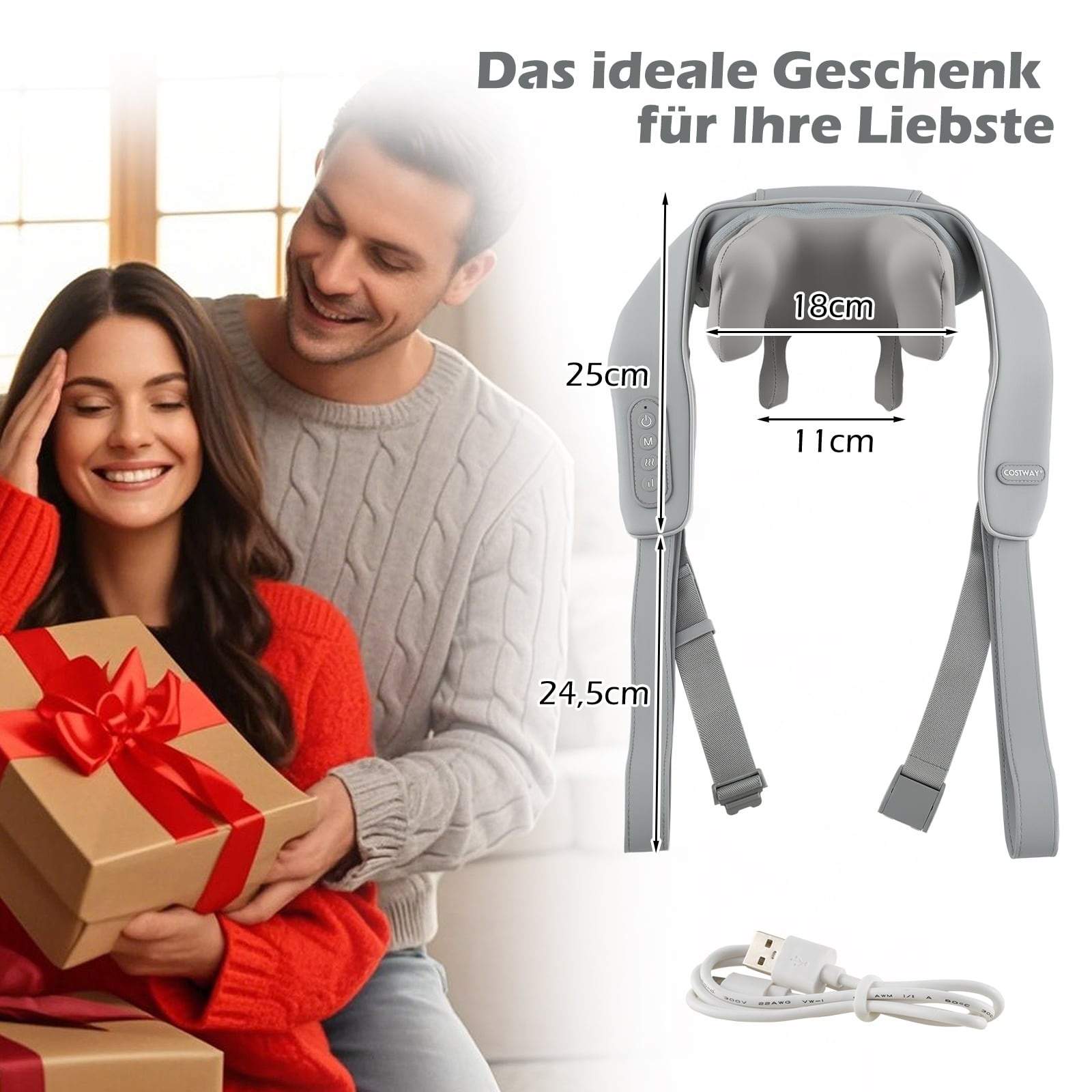 4D Shiatsu nakke- og skuldermassageapparat med varme, trådløs