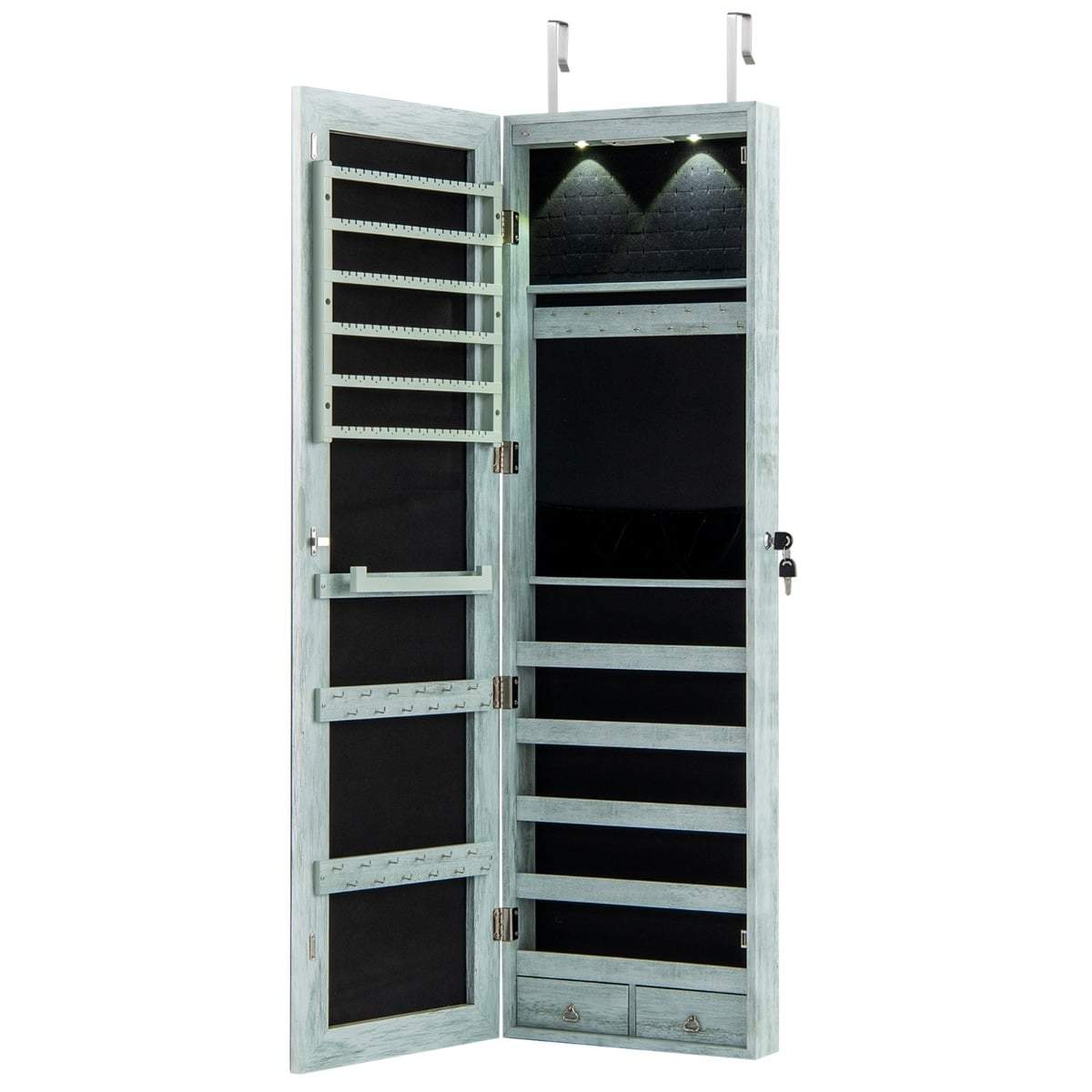 Smyckesskåp med spegel – Låsbart, LED, Vintageblått | Hem & Hobby | Pryloteket