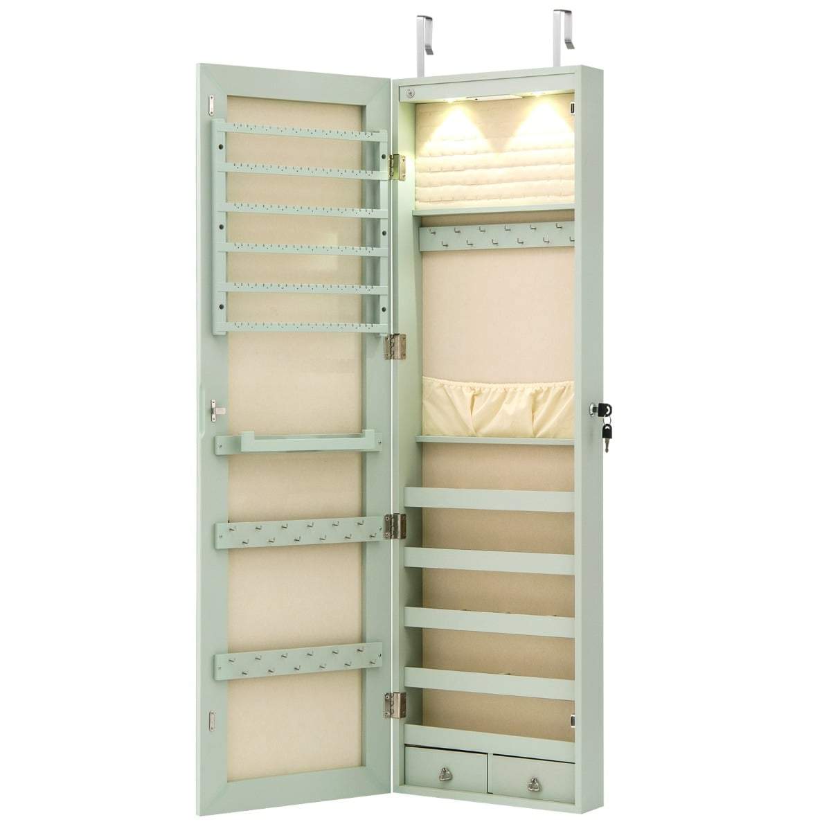 Smykkeskab med LED, spejl og lås – Grøn