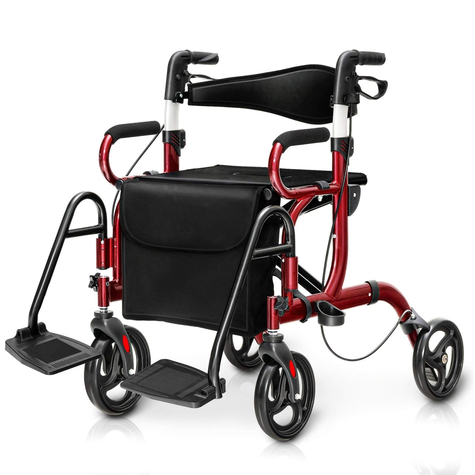 2-i-1 Rollator Gåstol & Transportstol, Sammenklappelig, Rød