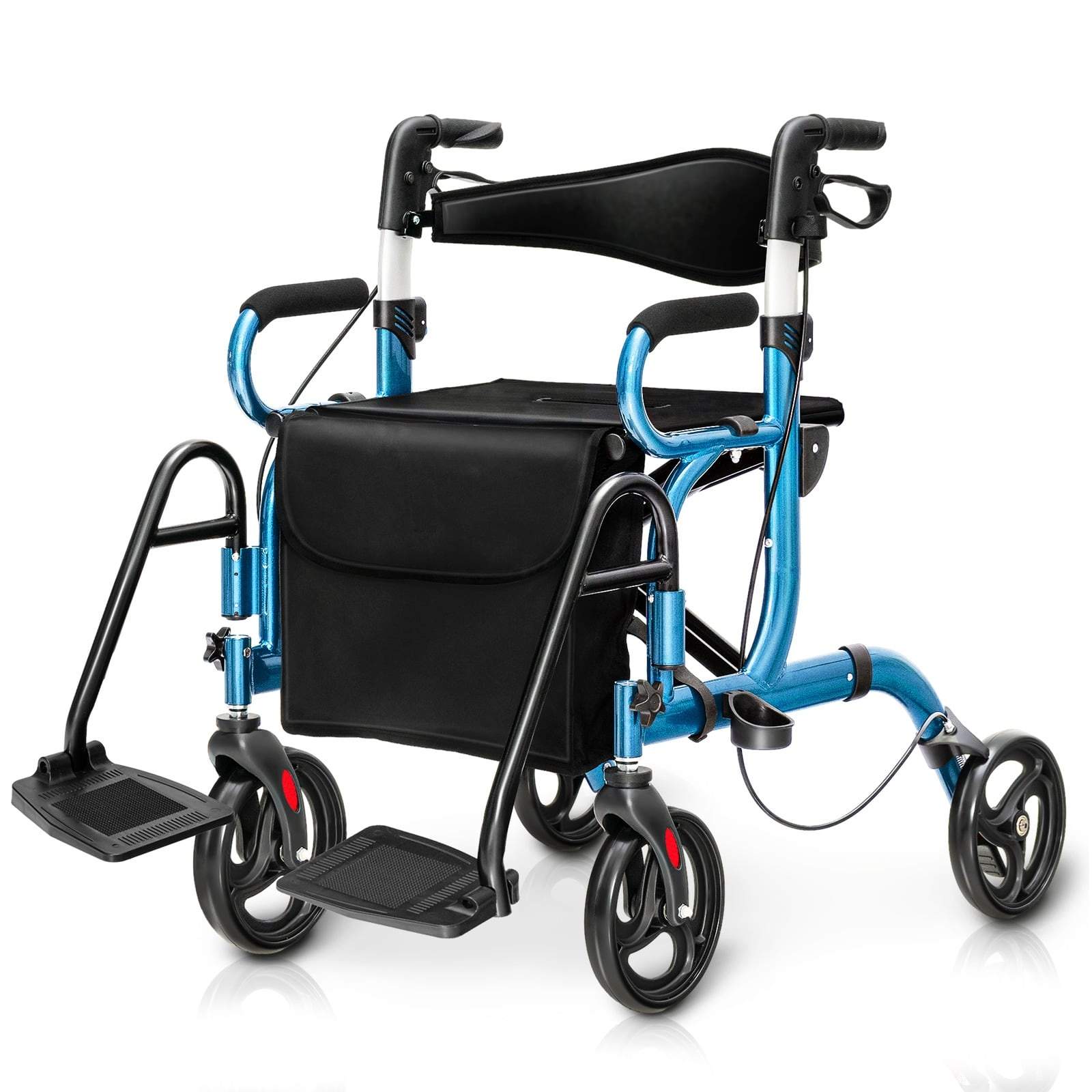 2-i-1 Rollator Gåstol & Transportstol, Sammenklappelig, Blå