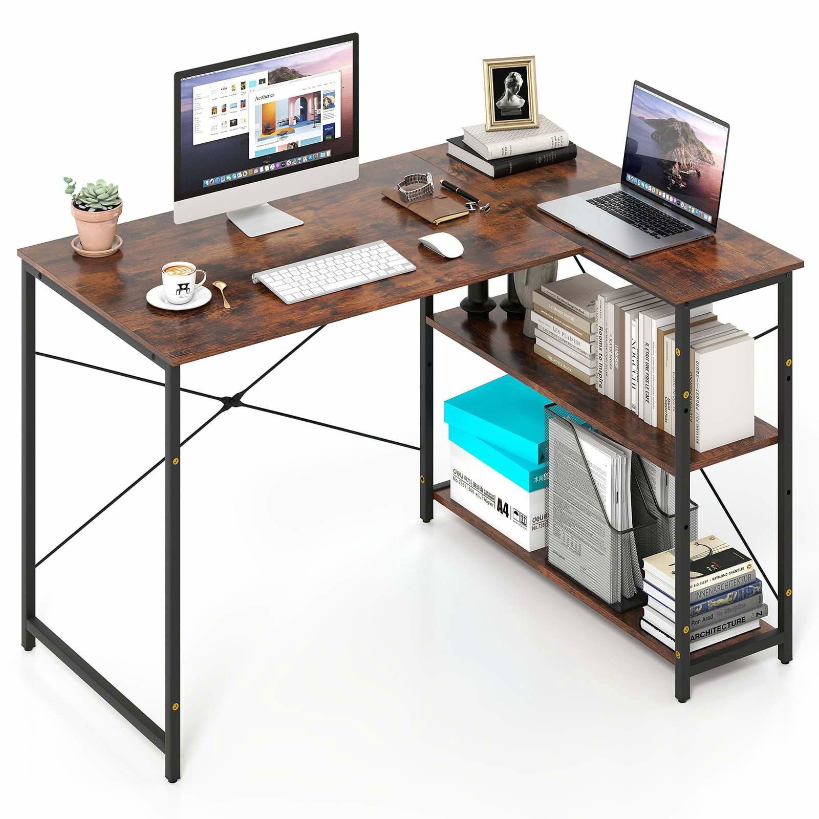 L-format vändbart skrivbord med justerbara hyllor – Rustikt brunt | Hem & Hobby | Pryloteket