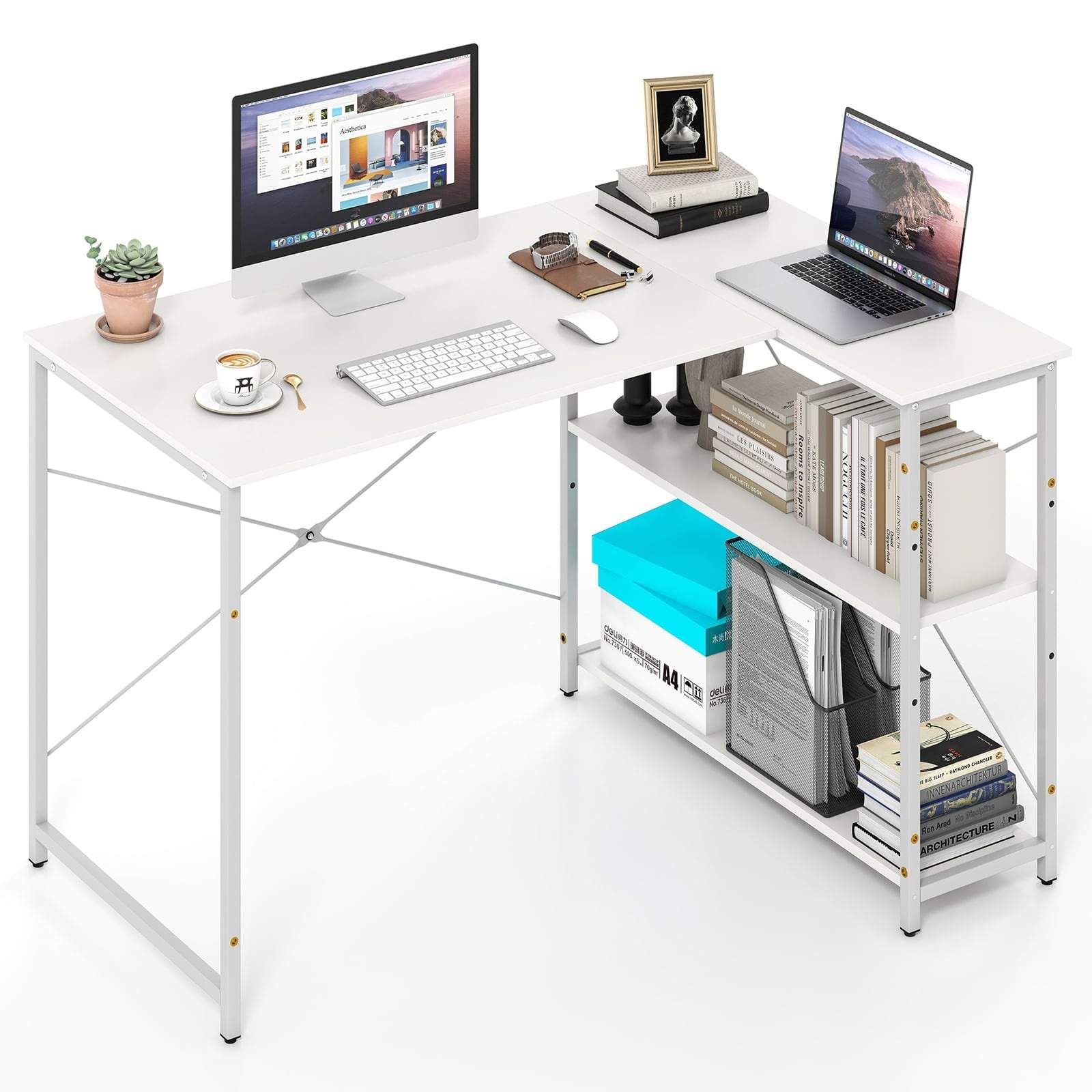 L-formet computerbord med justerbare hylder – hvid
