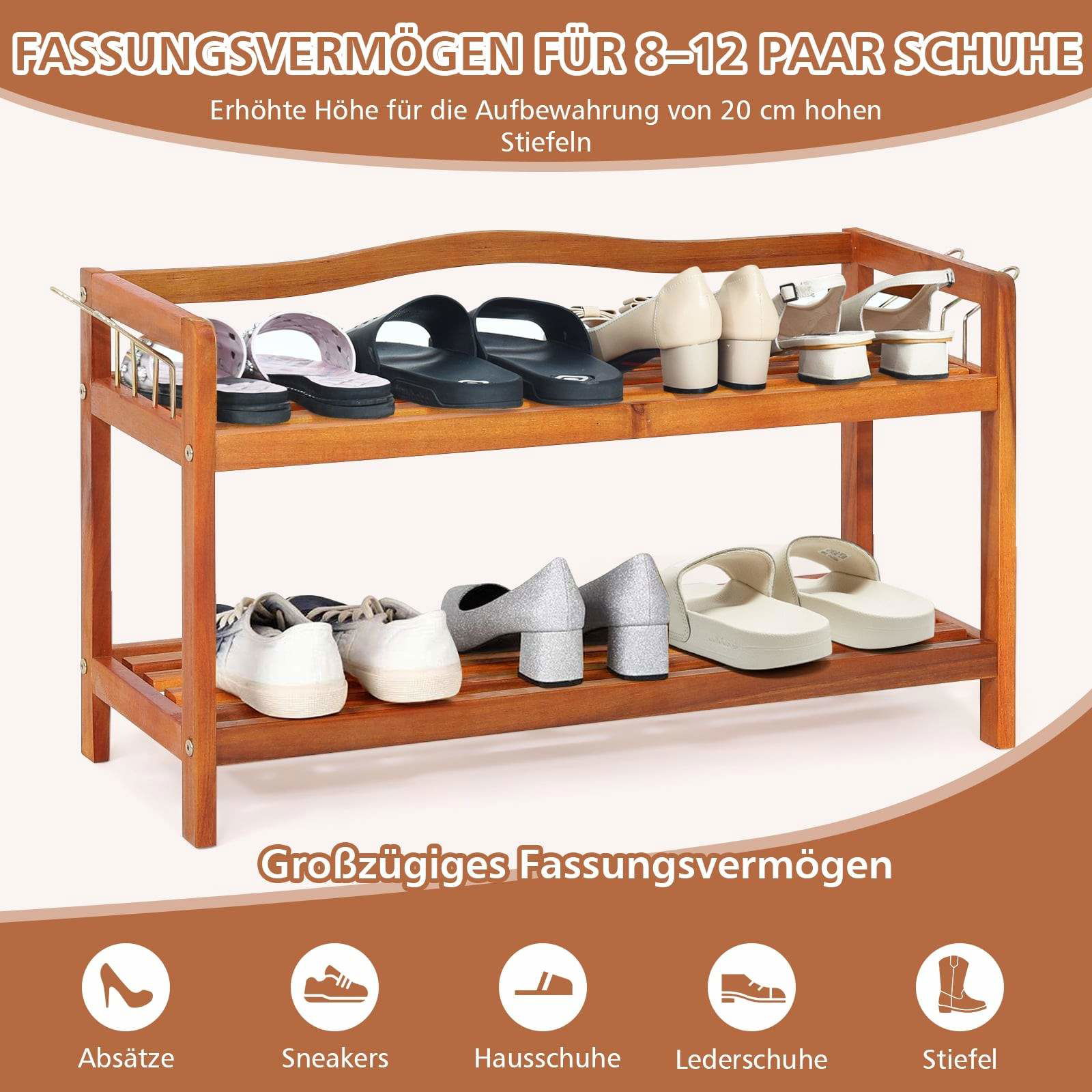 Skohylde i træ – 2-lags akacie med metalkroge