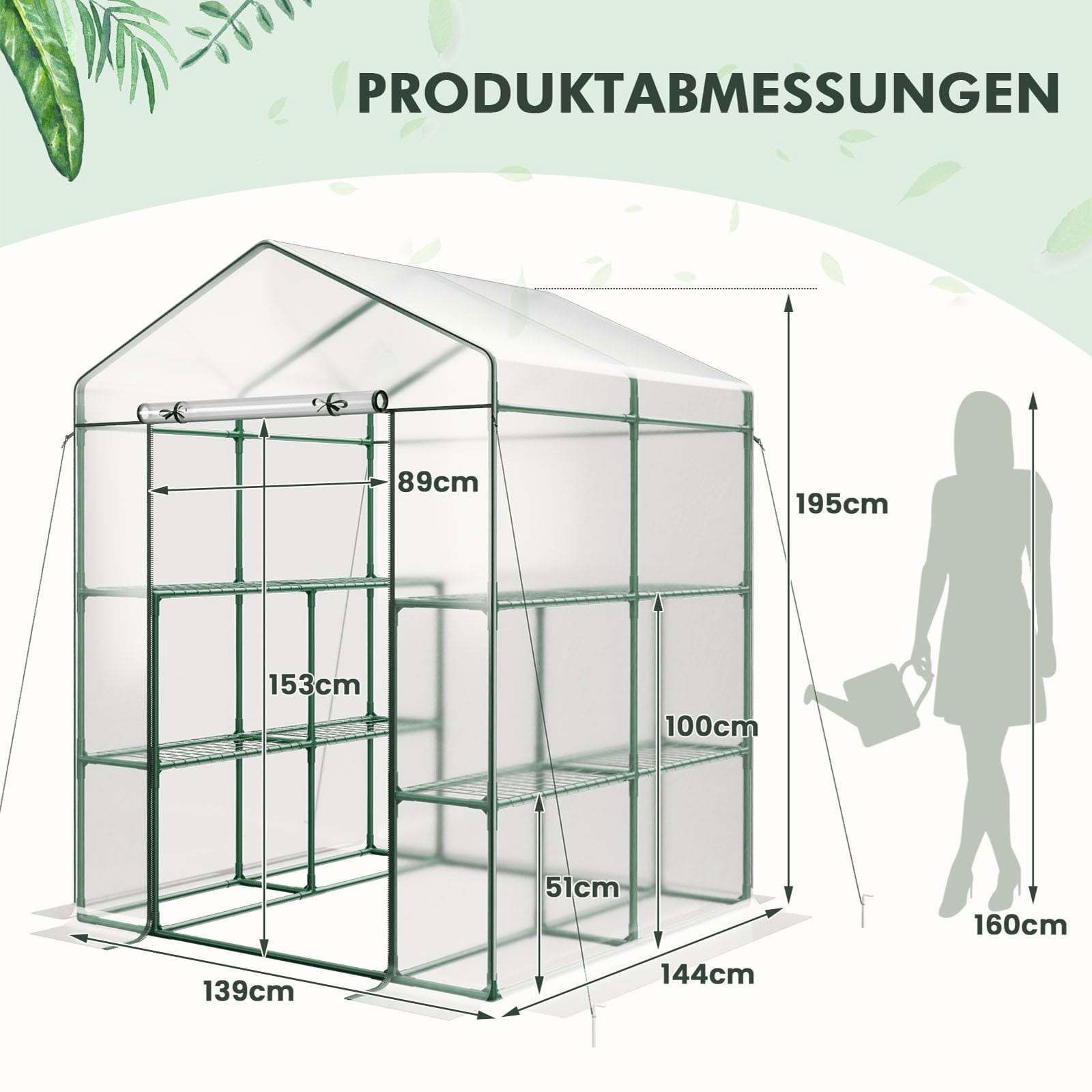 Drivhus med 8 hylder – PVC-overtræk, 139x144x195 cm