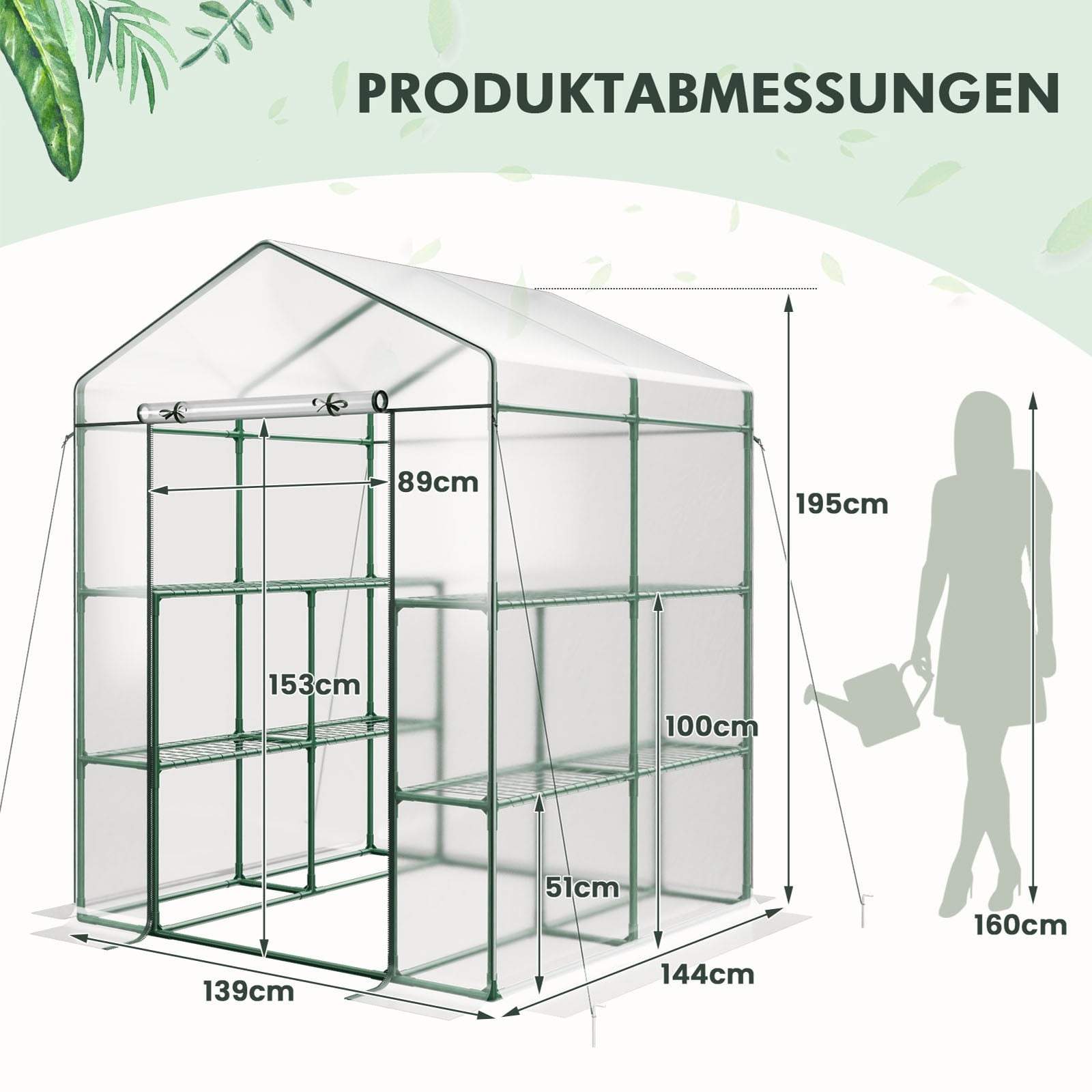Drivhus med 8 hylder – PVC-overtræk, 139x144x195 cm