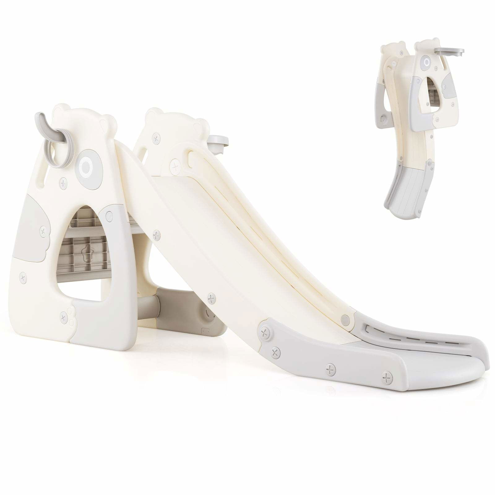 Rutsjebane- og klatresæt til småbørn med basketballkurv – grå