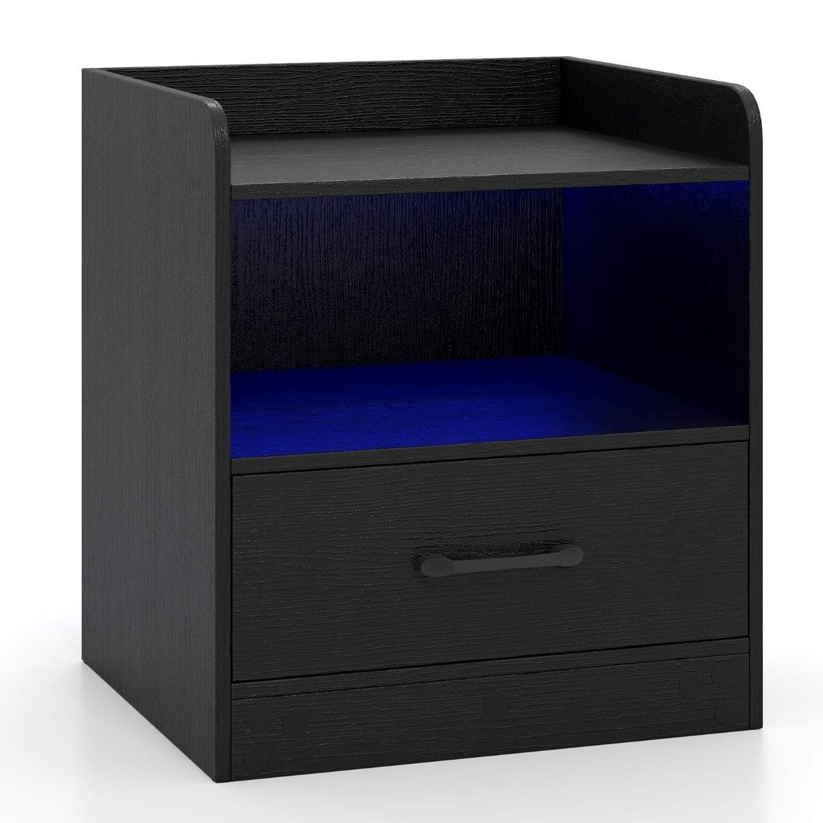 Natbord med LED-lys, hylde og skuffe – sort