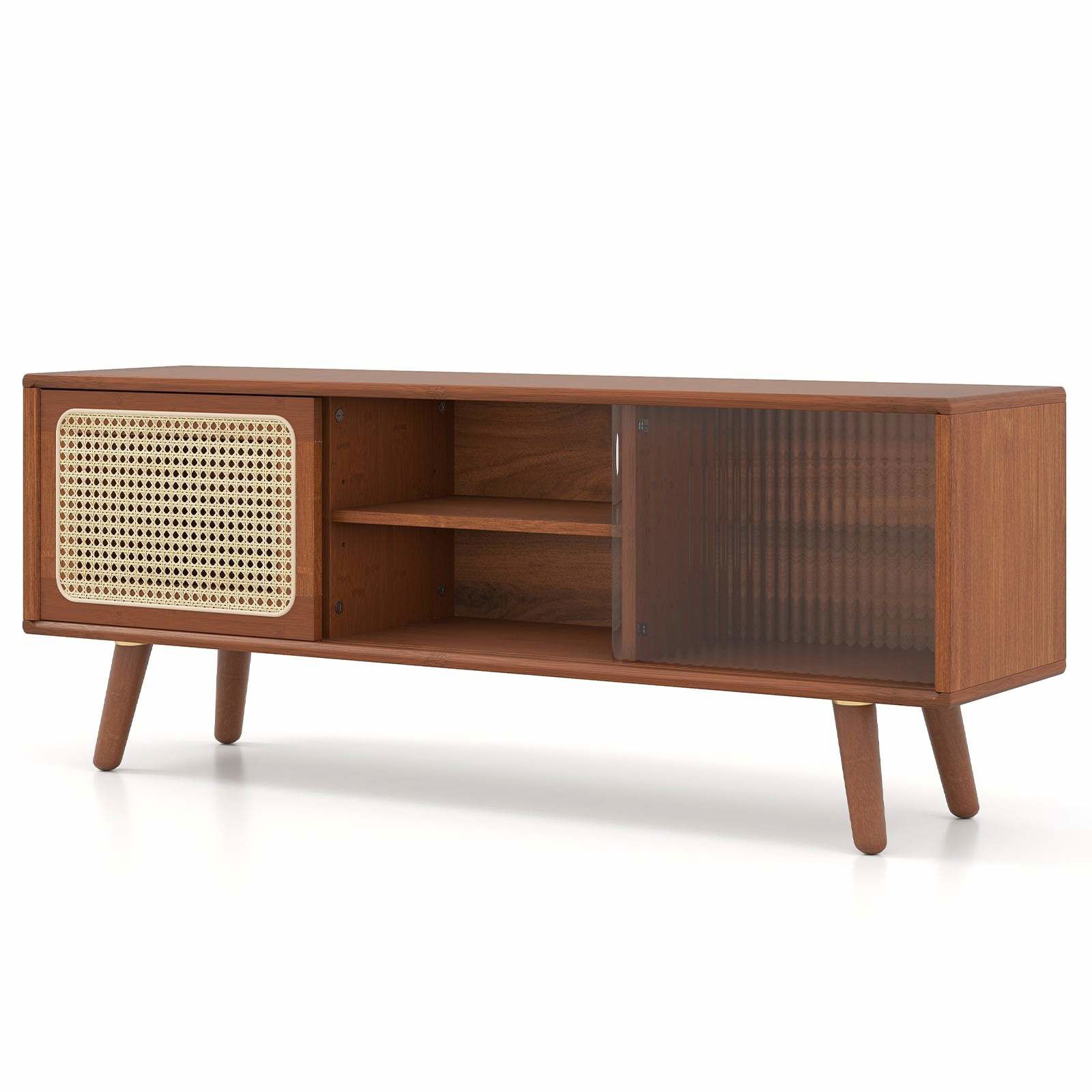 Bambus TV-bord med rattan og glasdøre – justerbare hylder