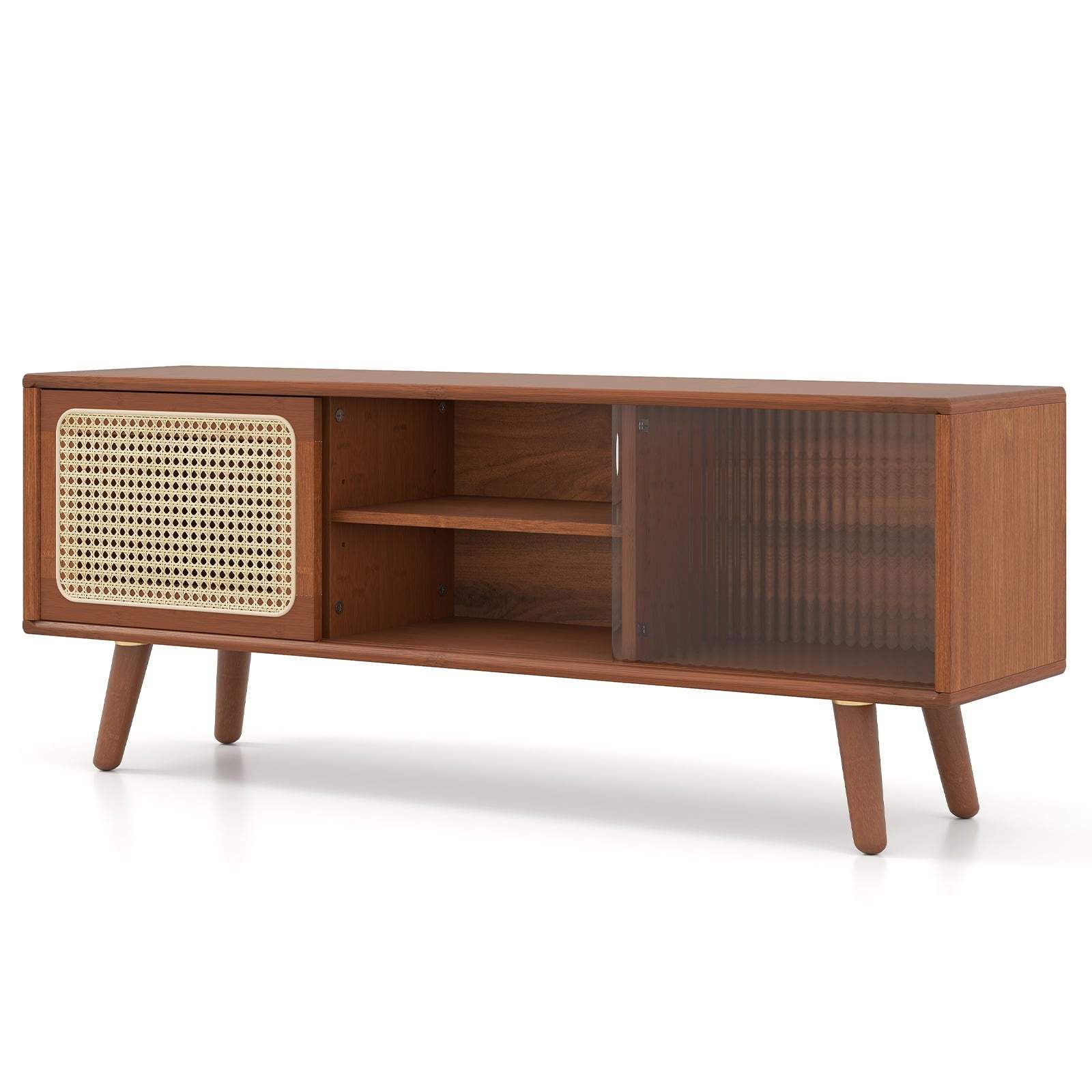 TV-bänk i bambu med rotting och glasdörrar – justerbara hyllor | Hem & Hobby | Pryloteket