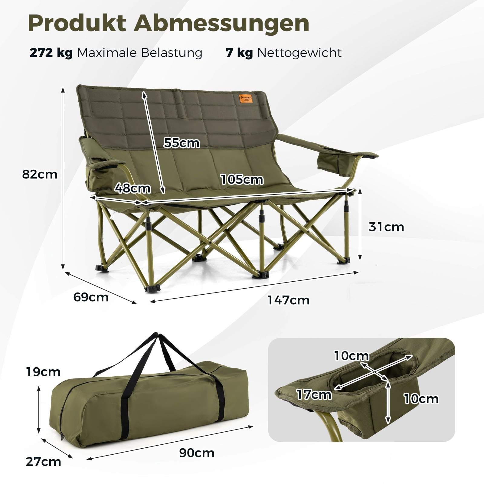 Overdimensioneret 2-personers foldbar campingstol med kopholdere