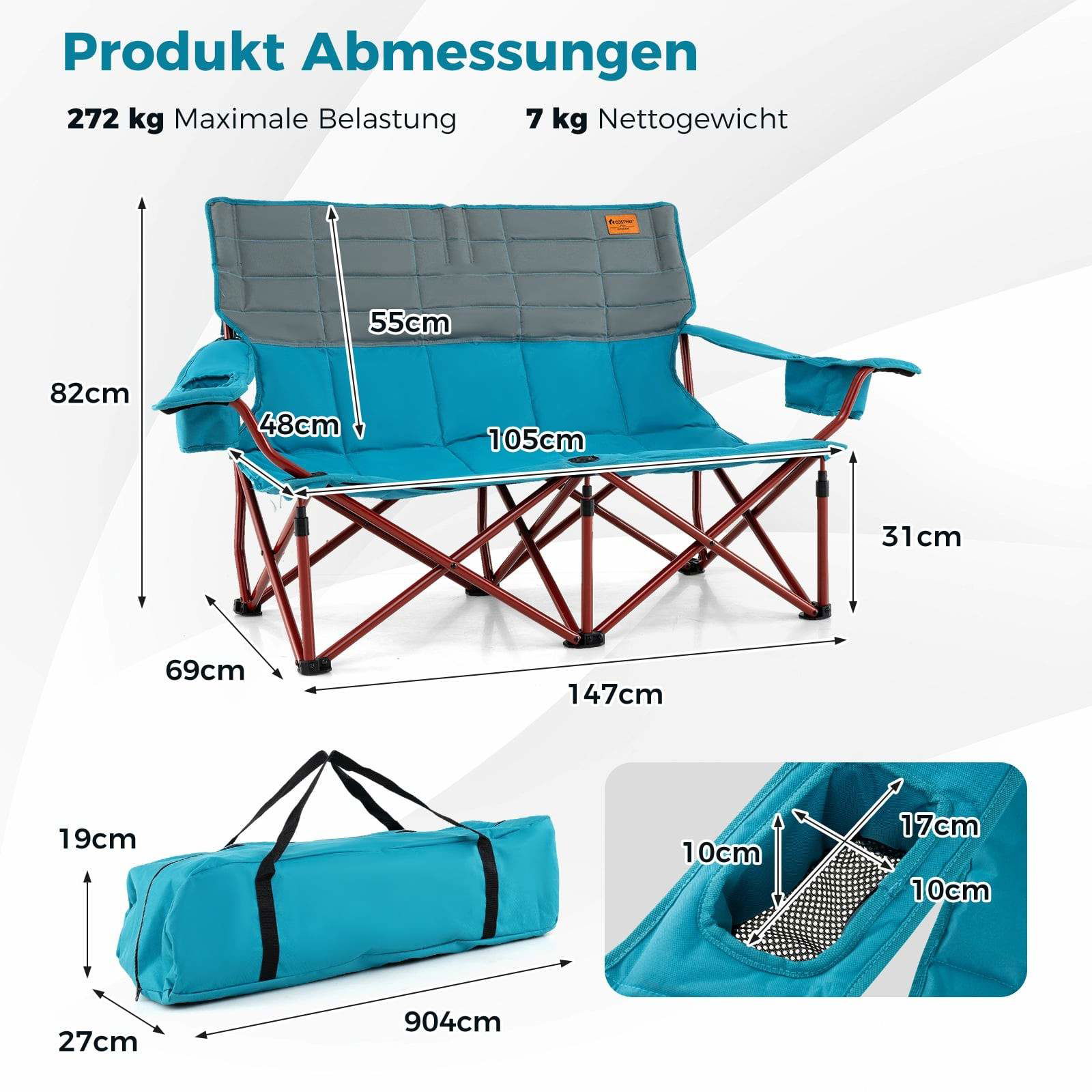 Overdimensioneret 2-personers foldbar campingstol med kopholdere