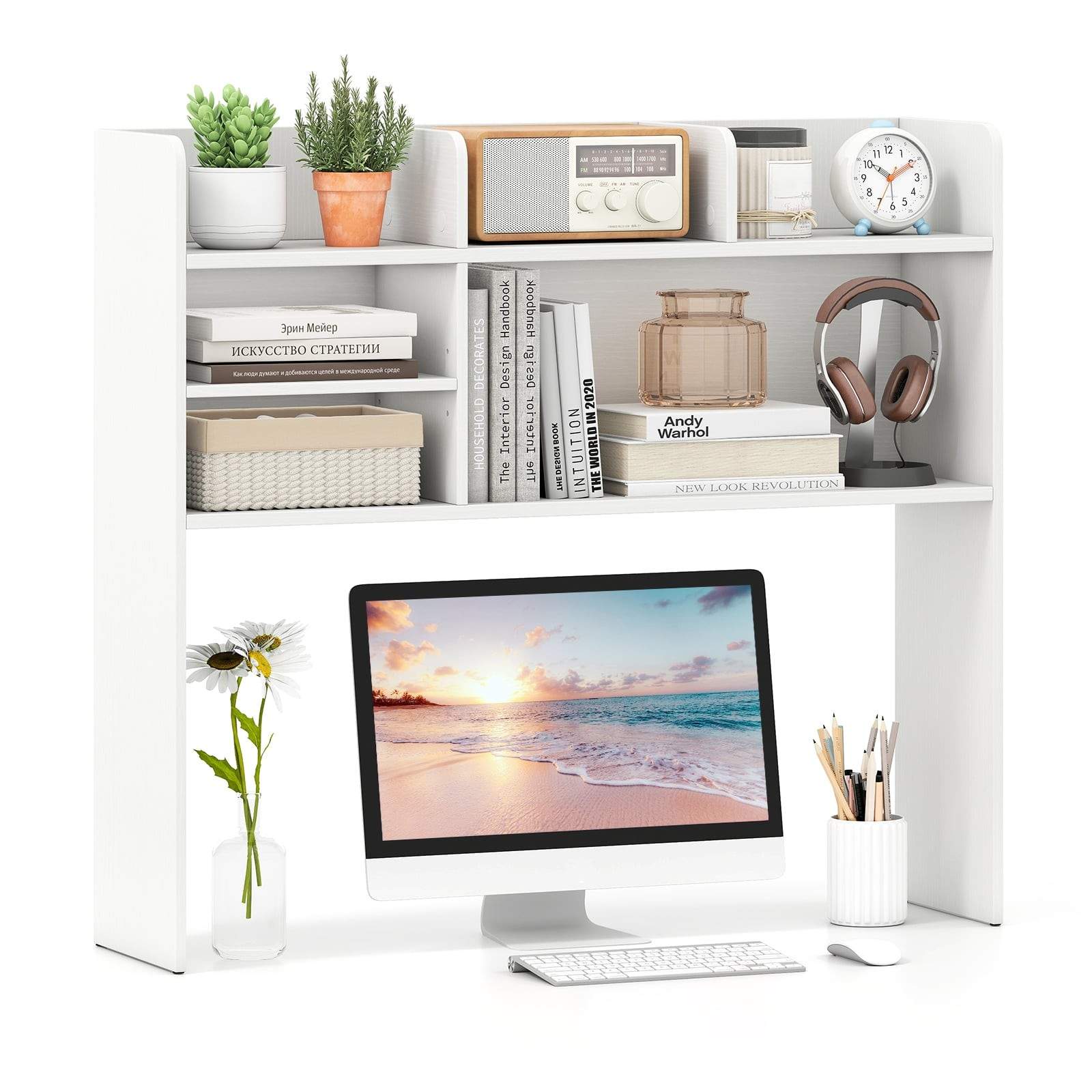 Hvid skrivebordshylde med 6 justerbare opbevaringsstativer