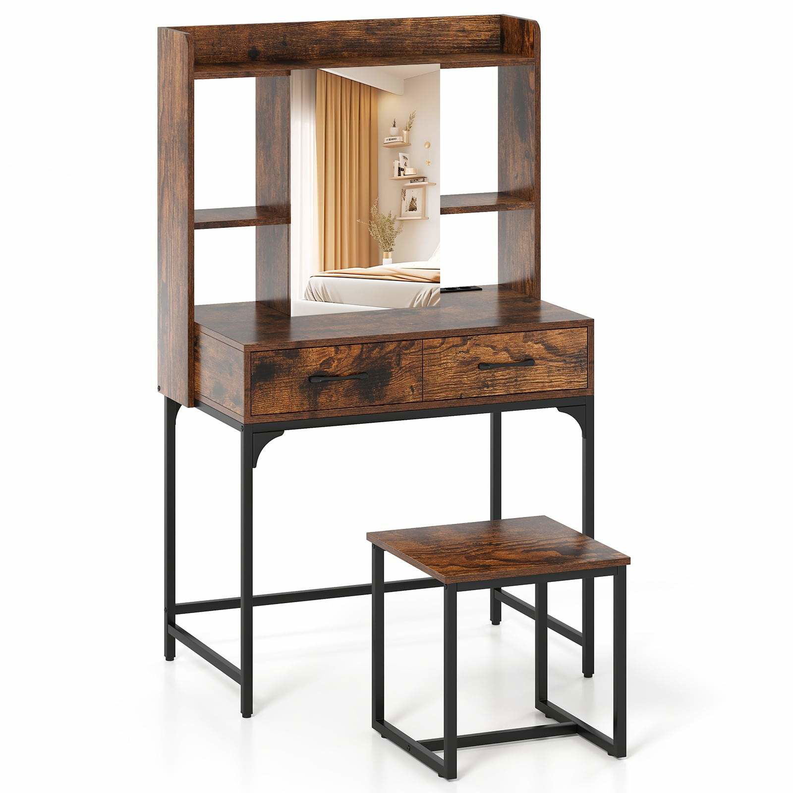 Sminkbordsset med spegel – rustikt brunt, laddningsstation | Hem & Hobby | Pryloteket