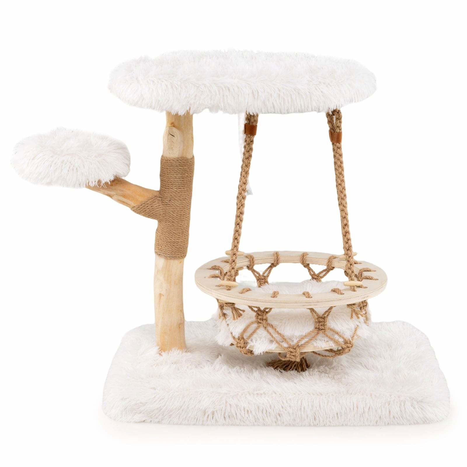 Trækradsetræ med gynge, sisalstolpe – 4 niveauer, plysplatforme