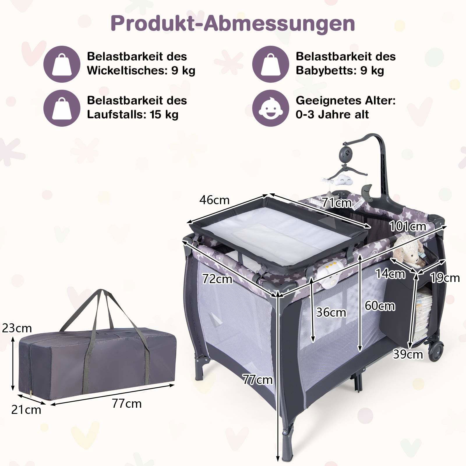 3-i-1 bärbar spjälsäng med madrass och leksaker | Hem & Hobby | Pryloteket