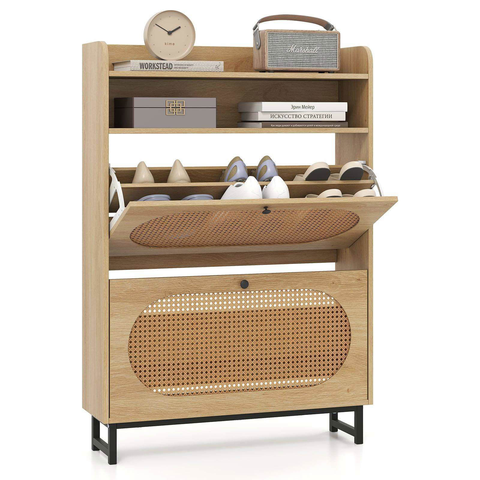 Skoskåp med rottingdörrar, 2 fällbara lådor, metallben | Hem & Hobby | Pryloteket