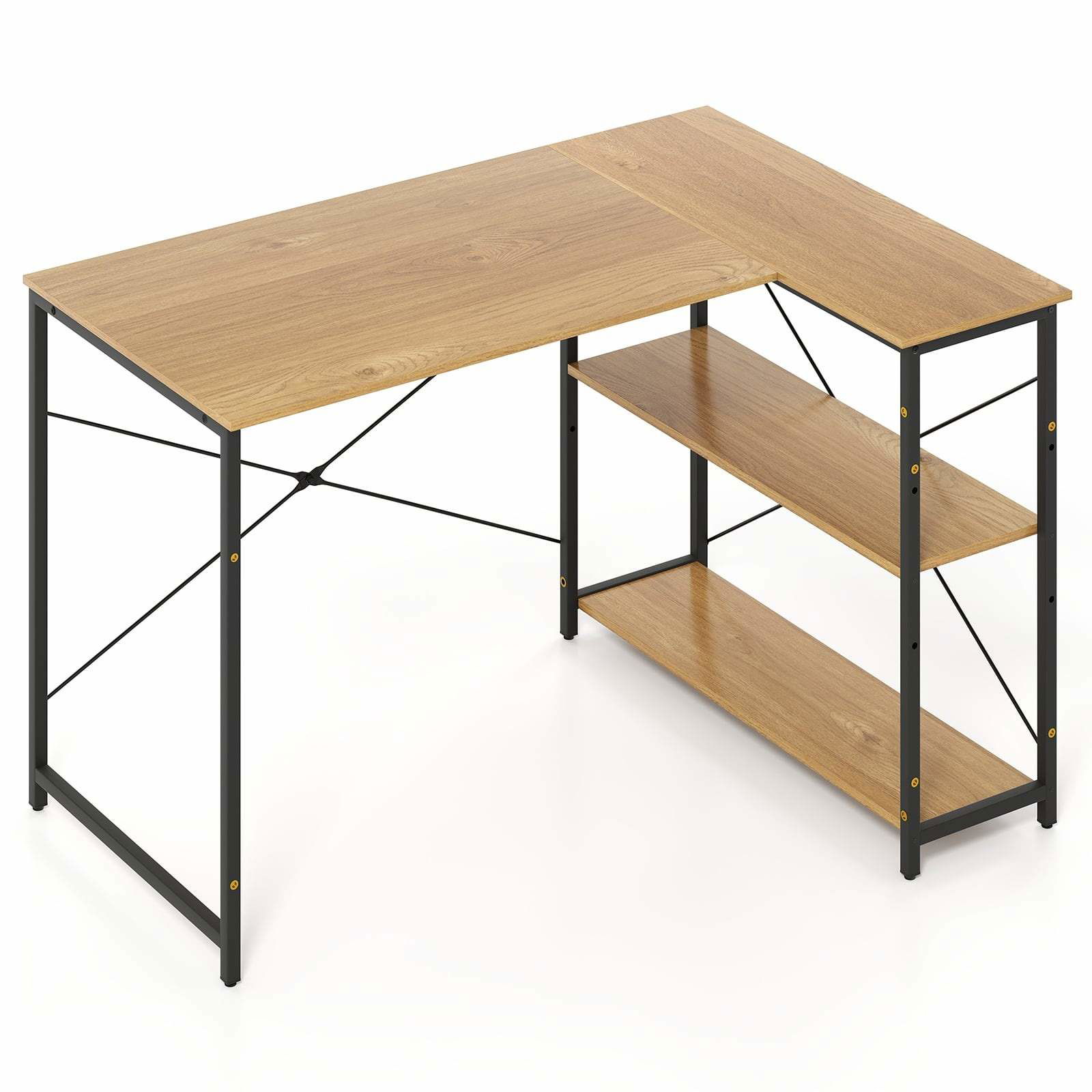 L-formet vendbart skrivebord med justerbare hylder – pladsbesparende