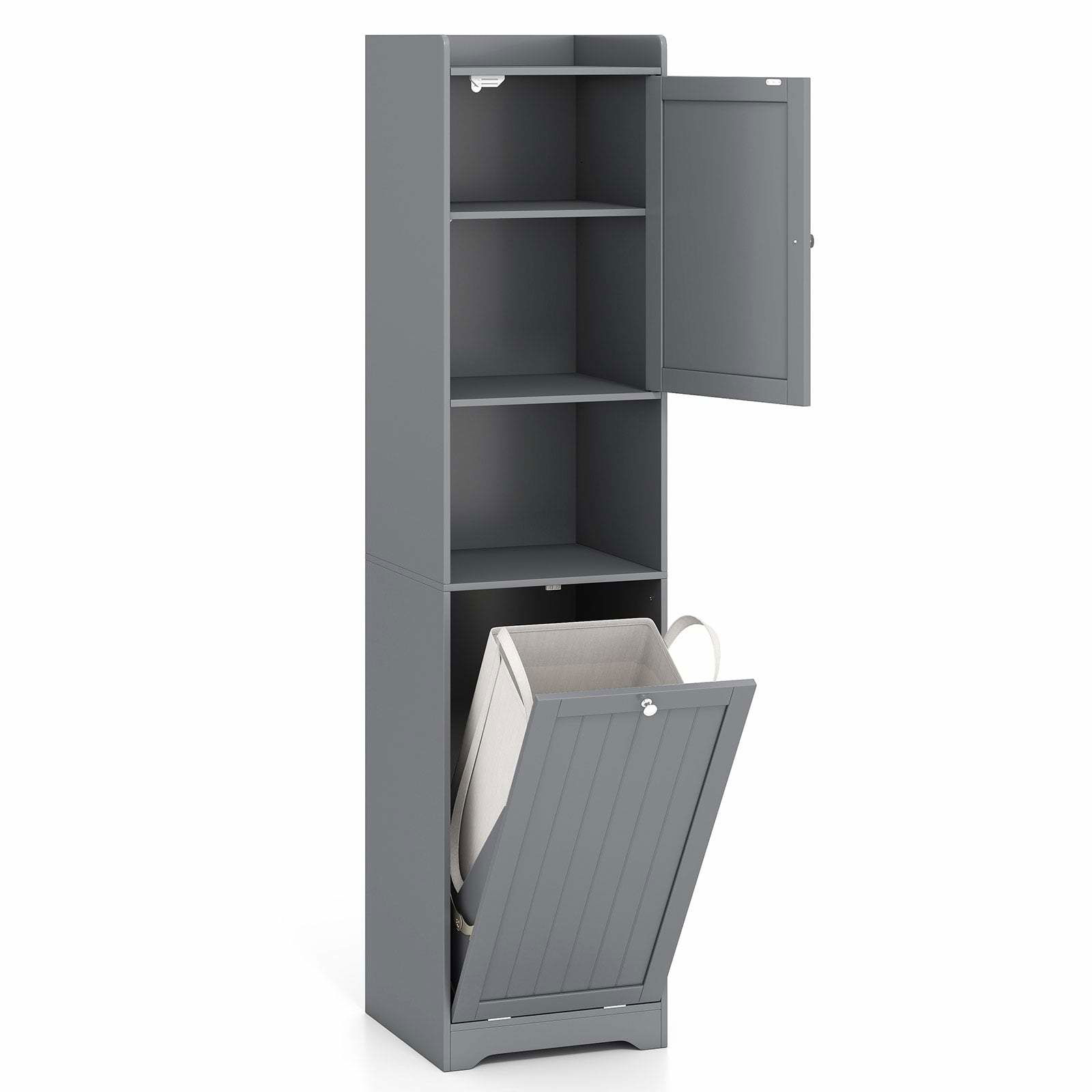 Højt badeværelsesskab med justerbare hylder og vasketøjspose