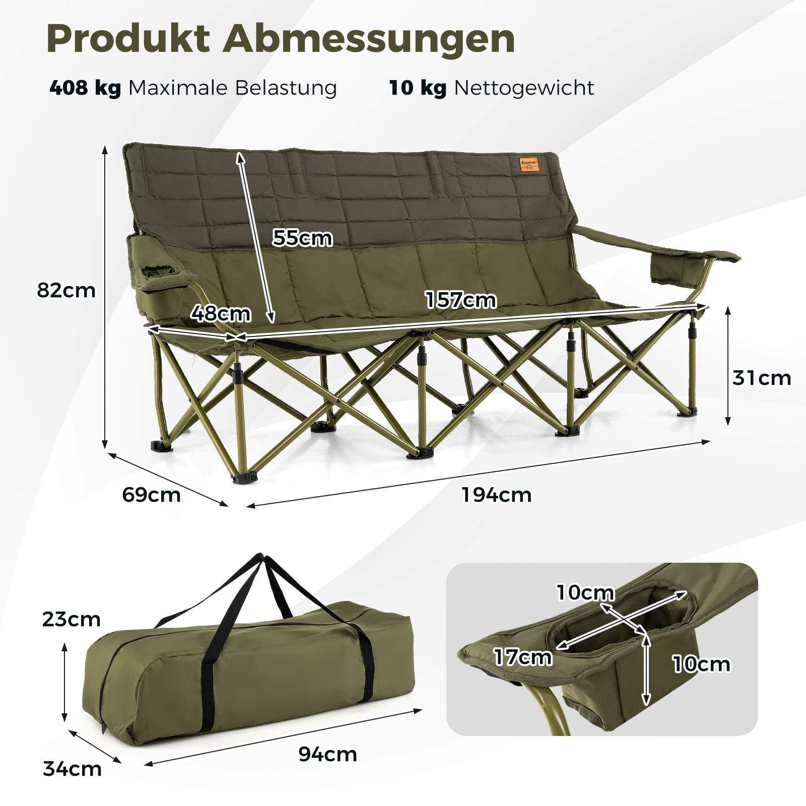 3-personers foldbar campingsofa med justerbare armlæn