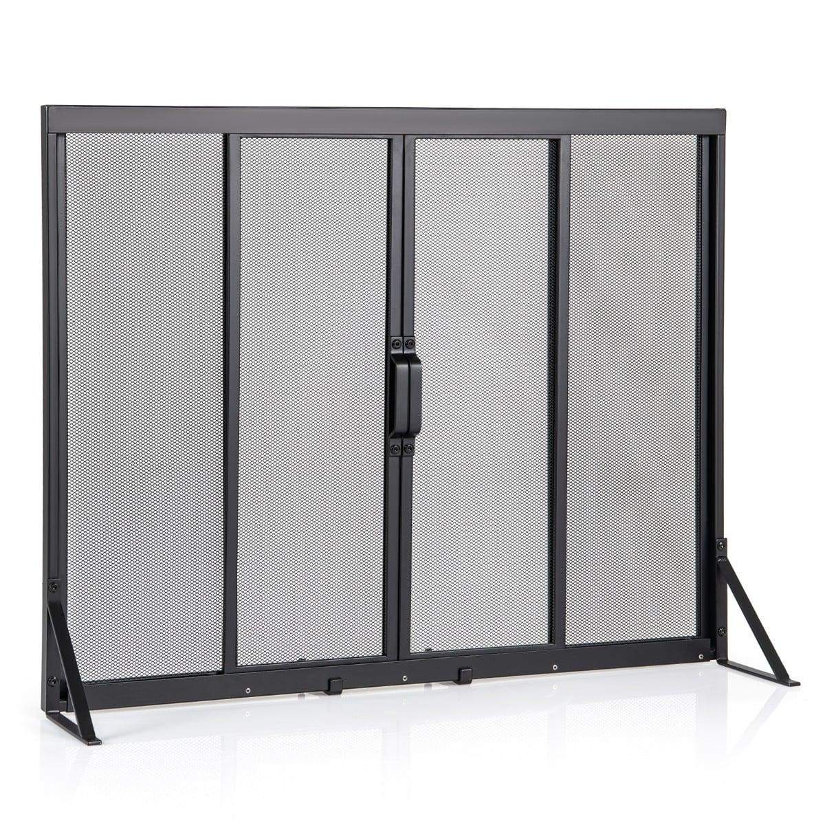 Pejseskærm med skydedøre – 89 x 72 cm, metalnet