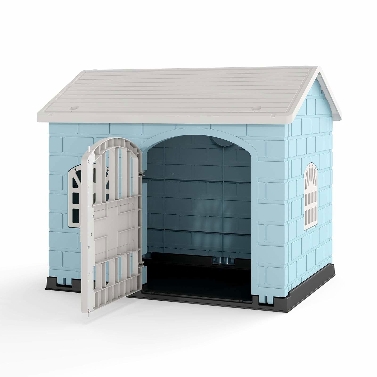 Vejrbestandigt hundehus i plastik med aflåselig dør og vinduer