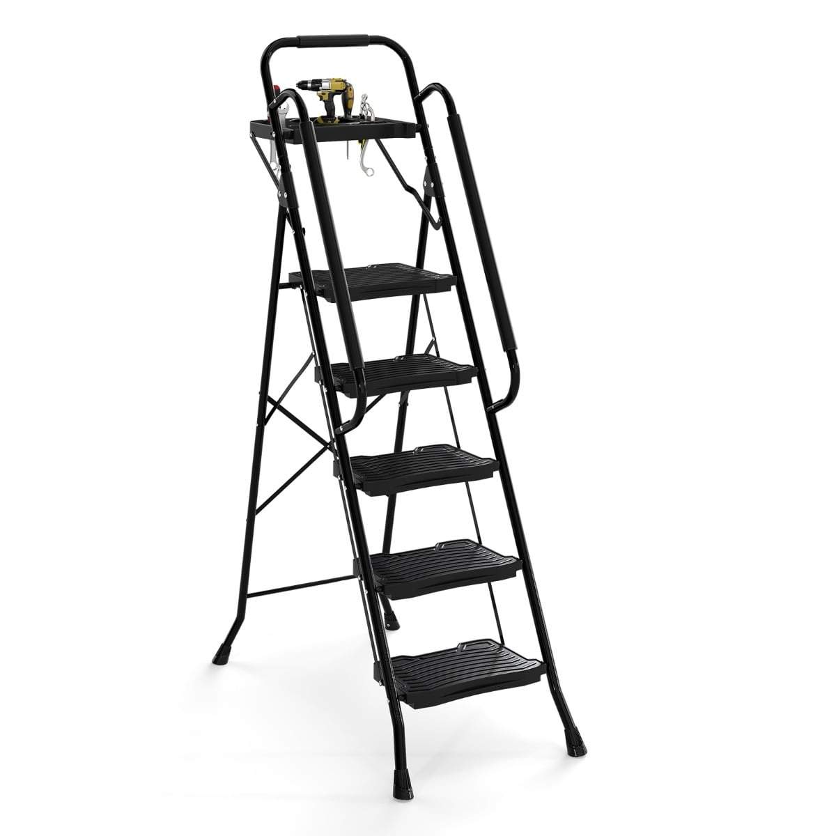 5-trins foldbar stige med værktøjsbakke – Kan holde op til 150 kg