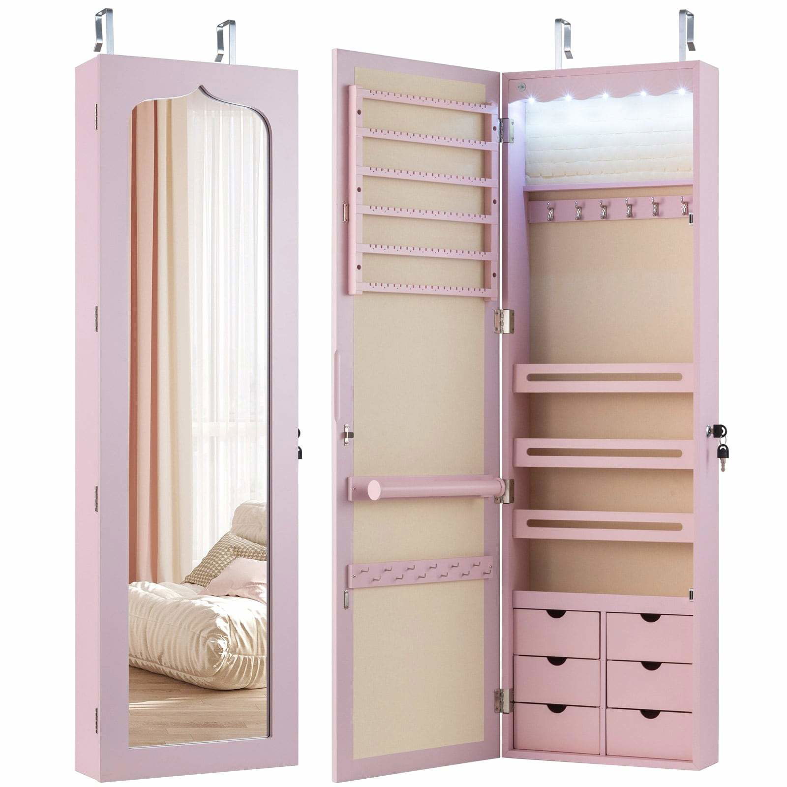 Smyckesskåp med spegel och LED-lampor – rosa, låsbart | Hem & Hobby | Pryloteket