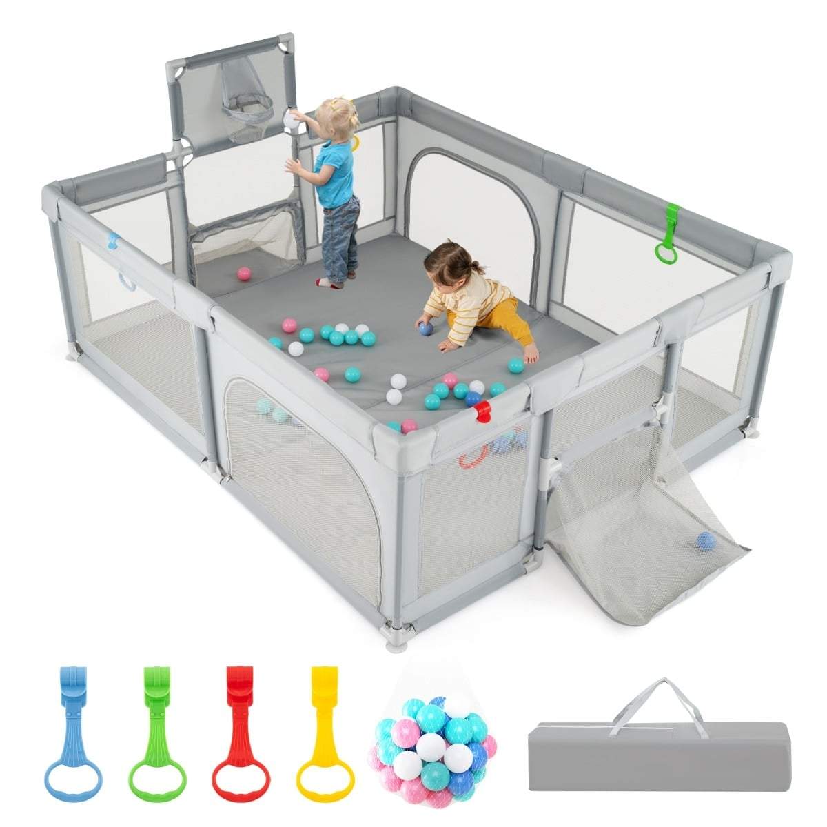 Babykravlegård med basketballkurv og fodboldmål, 188x157 cm