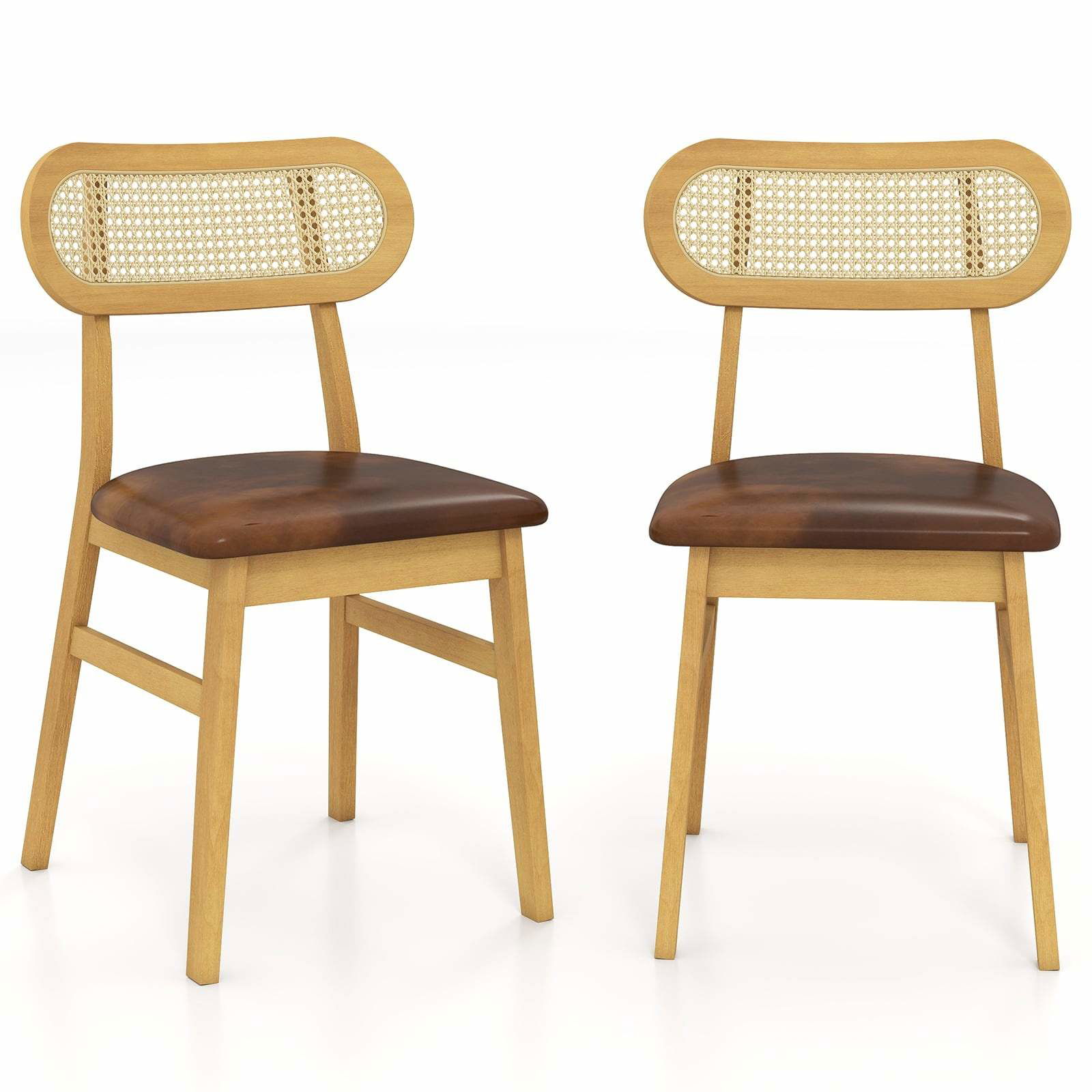 Træ spisestole sæt med 2 – polstrede sæder, rattan ryg