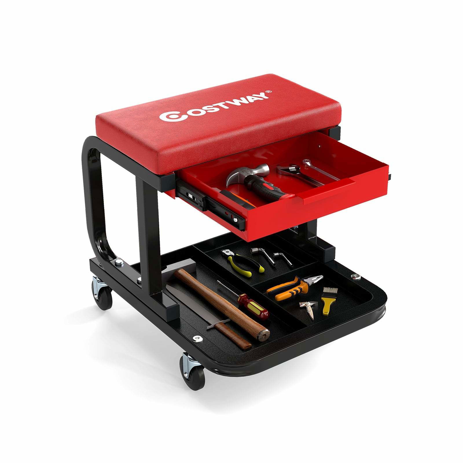 Rullende værkstedsskammel, 185 kg kapacitet, rød, med skuffe