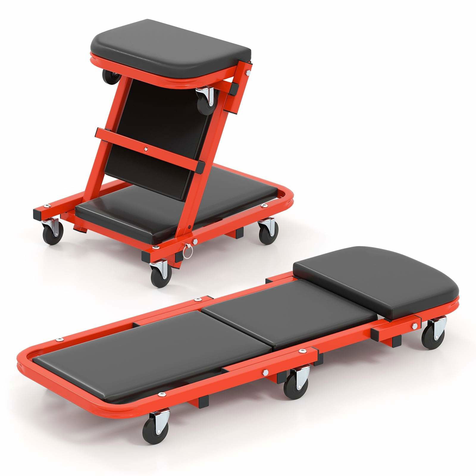 2-i-1 værkstedslift med polstret sæde og 6 hjul