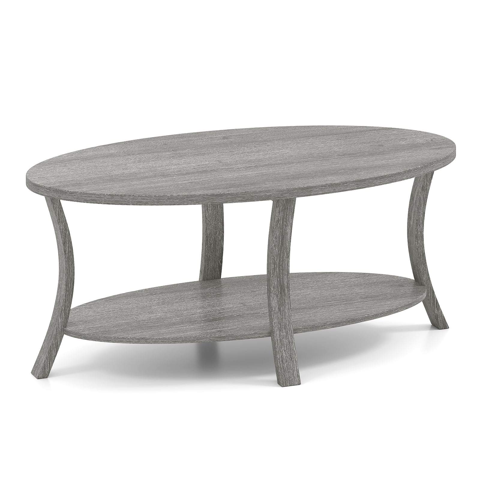 Ovalt sofabord med hylde – gummitræ, 2-lags design